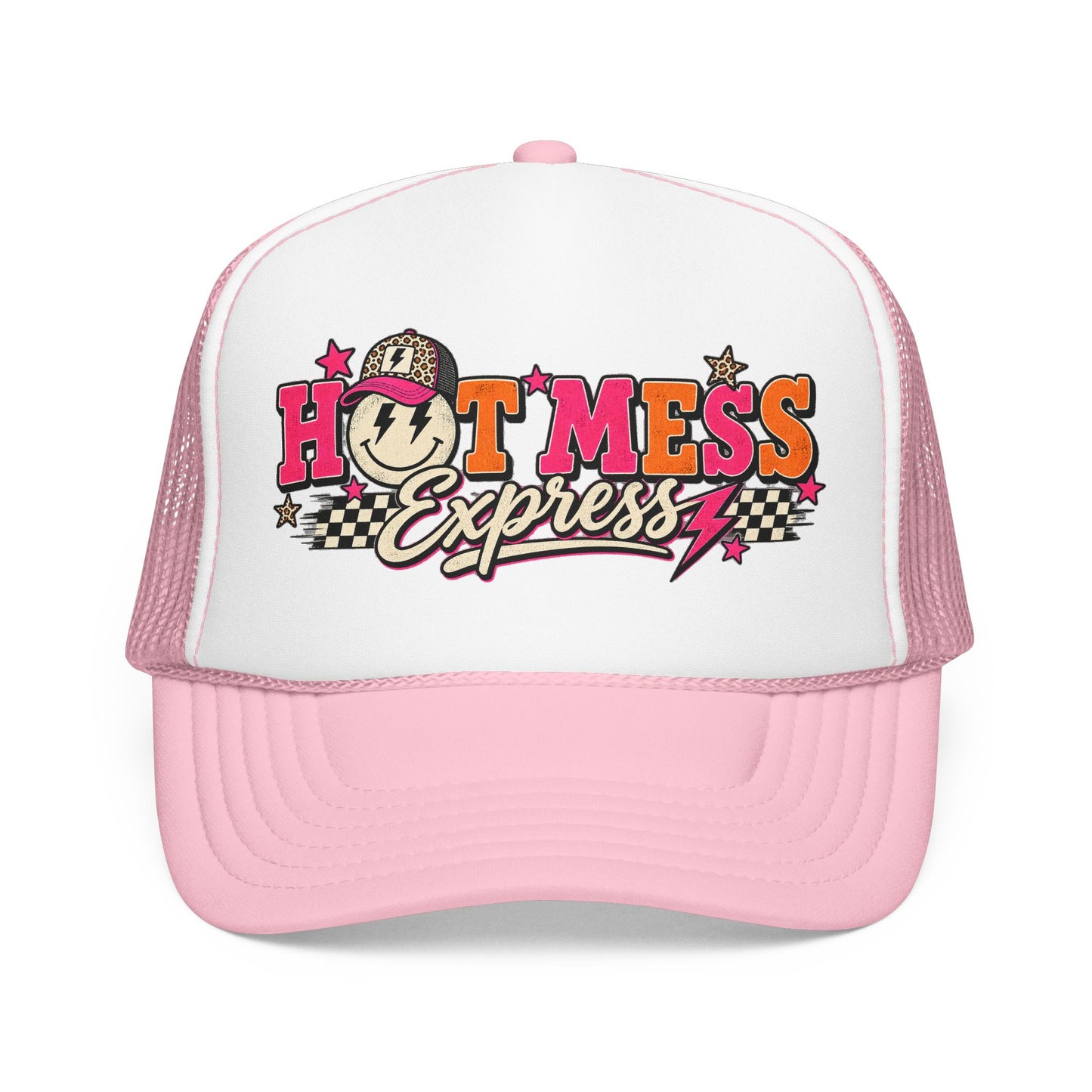Hot Mess Express Trucker Hat — Retro Smiley Foam Mesh Cap