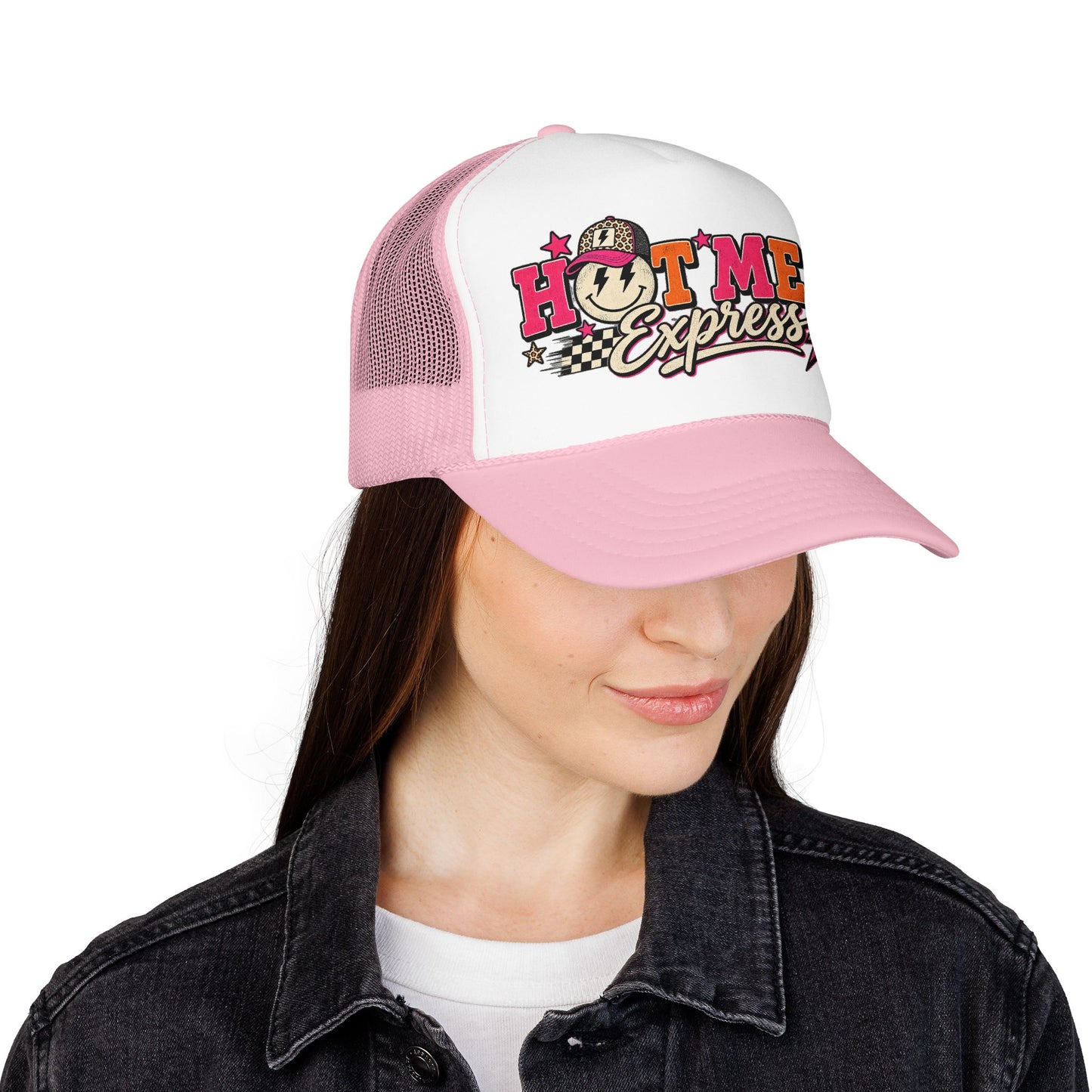 Hot Mess Express Trucker Hat — Retro Smiley Foam Mesh Cap