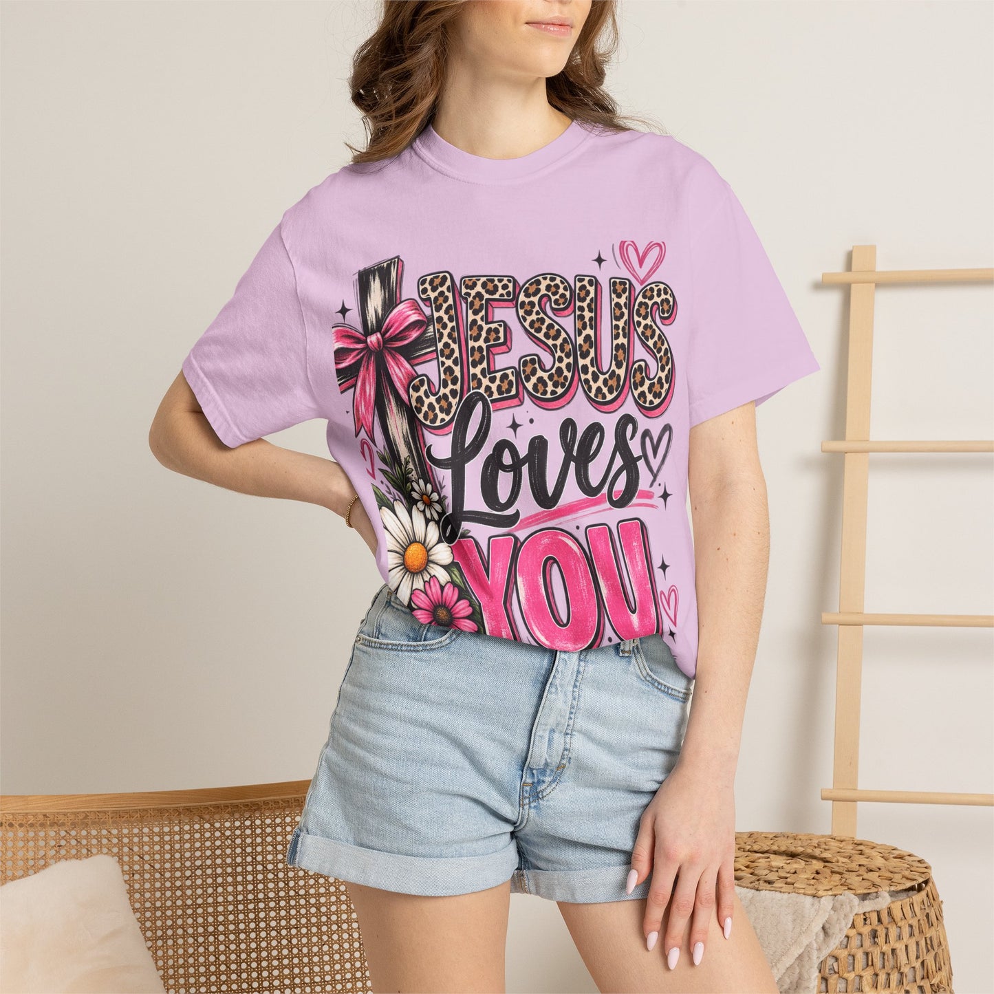 Jesus Loves You Floral Tee — Pink Leopard Faith T-Shirt