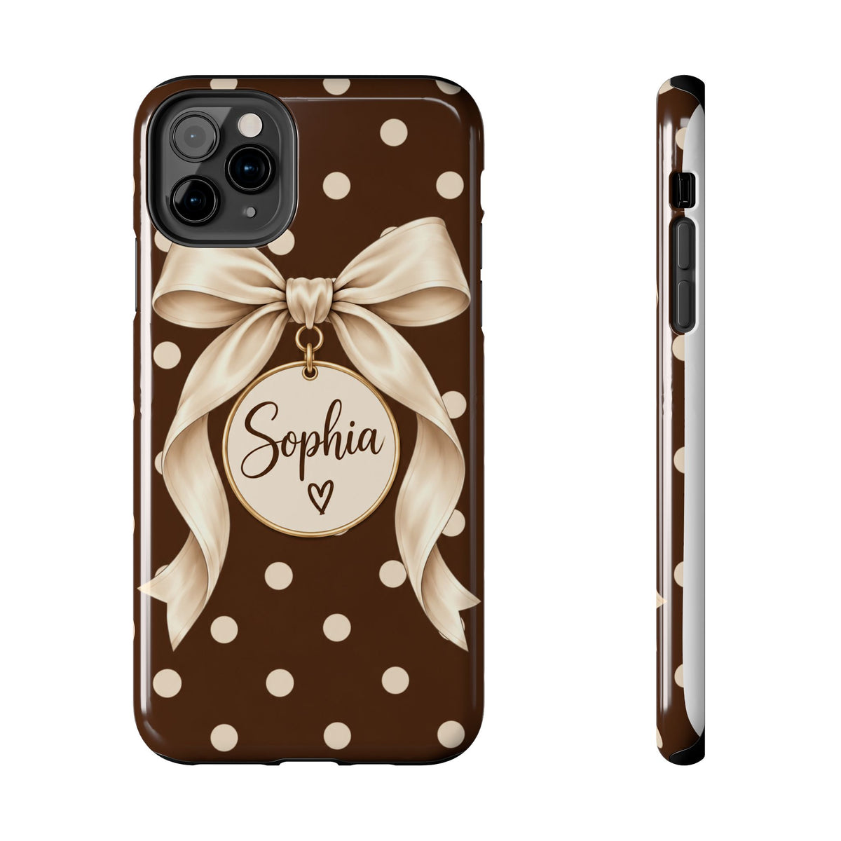 Personalized Polka Dot Bow Phone Case | Custom Name Chocolate Brown Tough Case