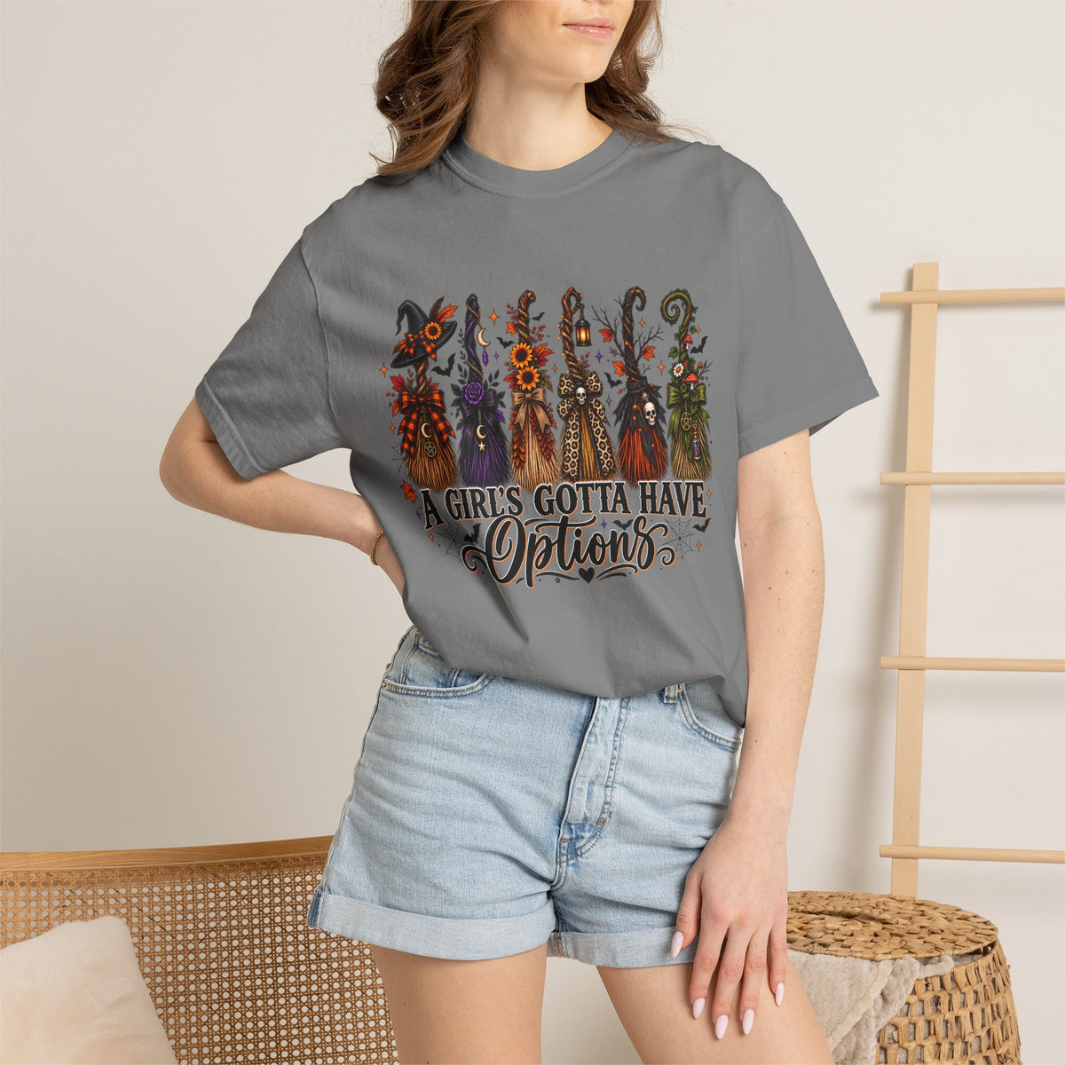 A Girl’s Gotta Have Options Witch Broom Graphic Tee – Halloween Shirt