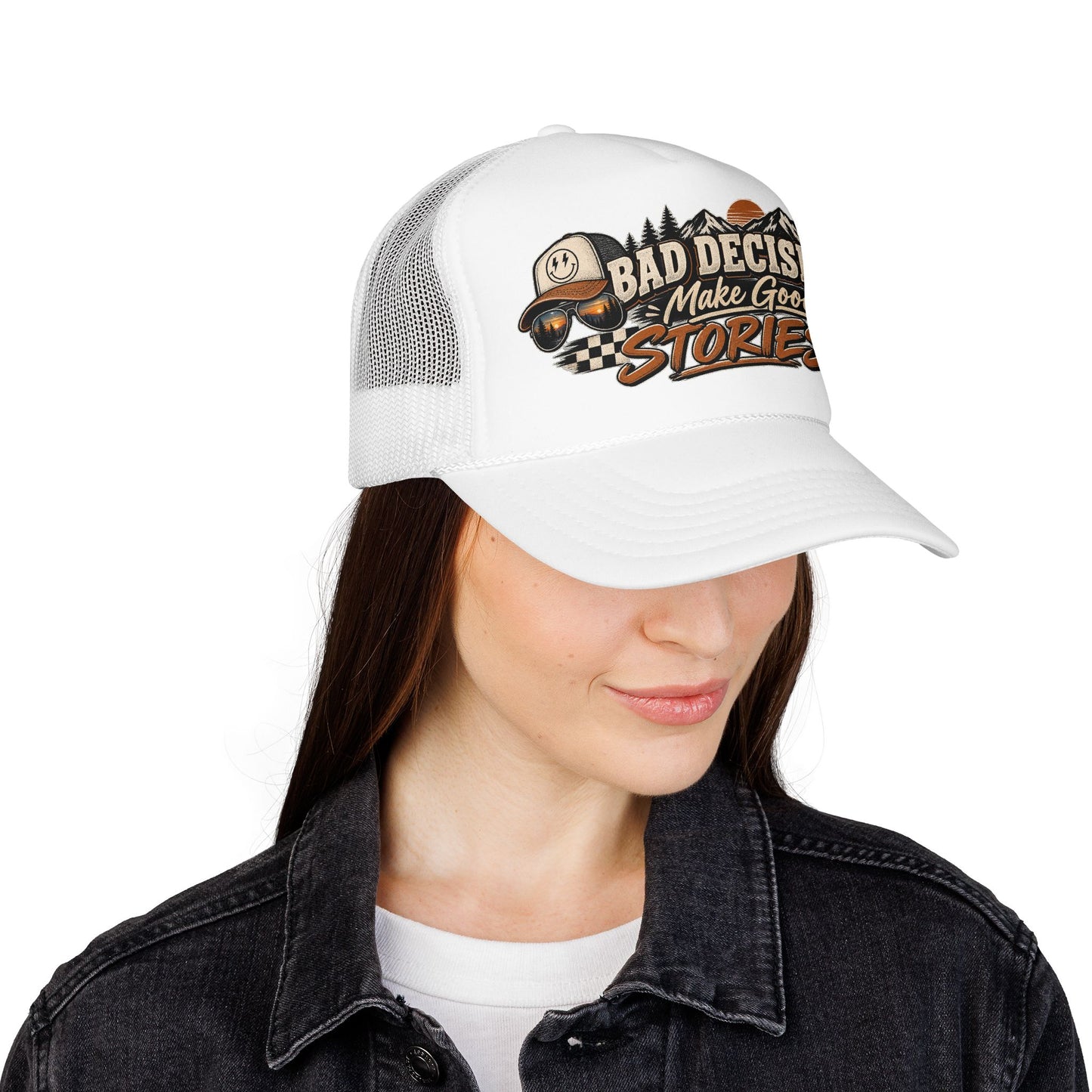 Trucker Hat — "Bad Decisions Make Good Stories" Vintage Graphic