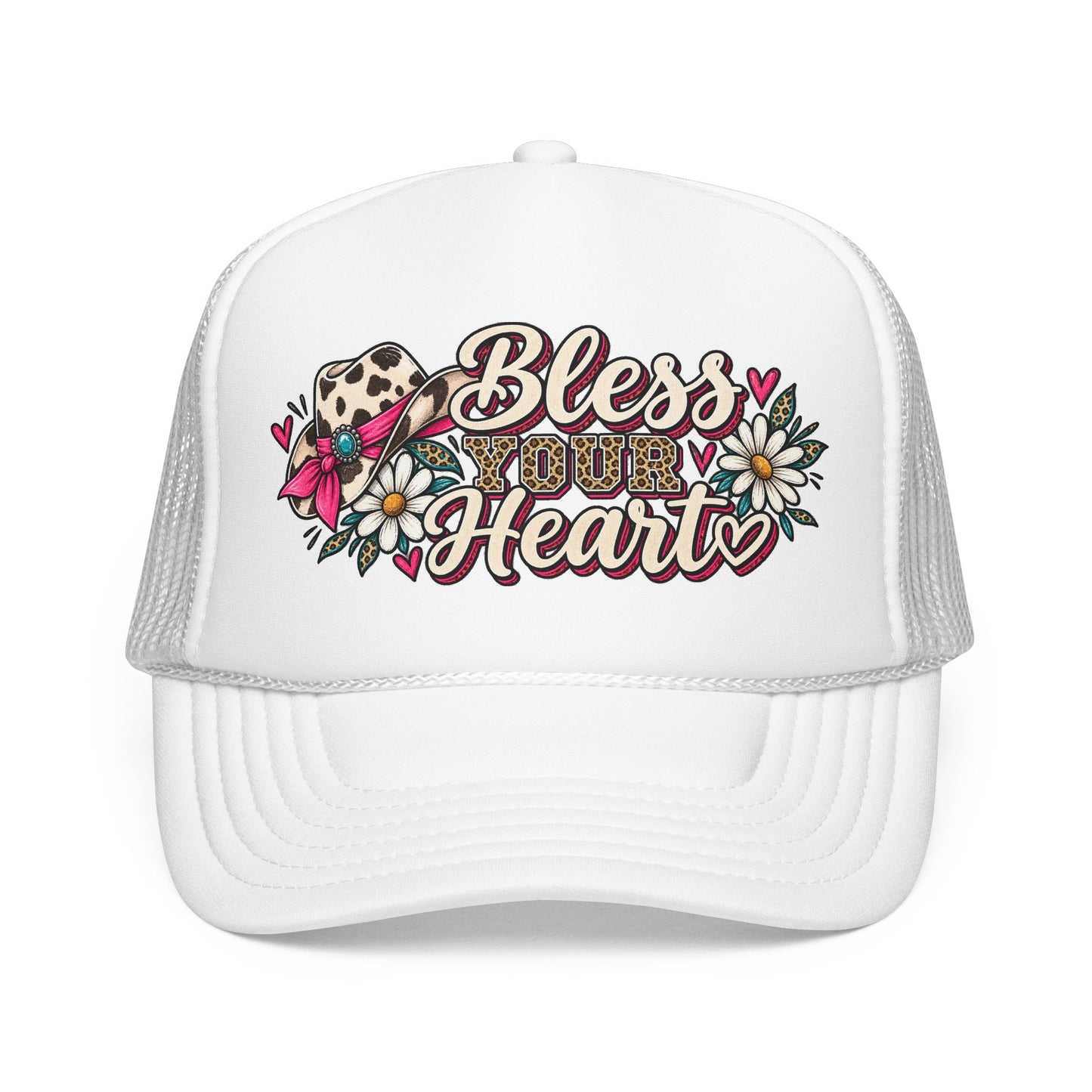 Bless Your Heart Trucker Hat – Floral Leopard Cowgirl Foam Cap