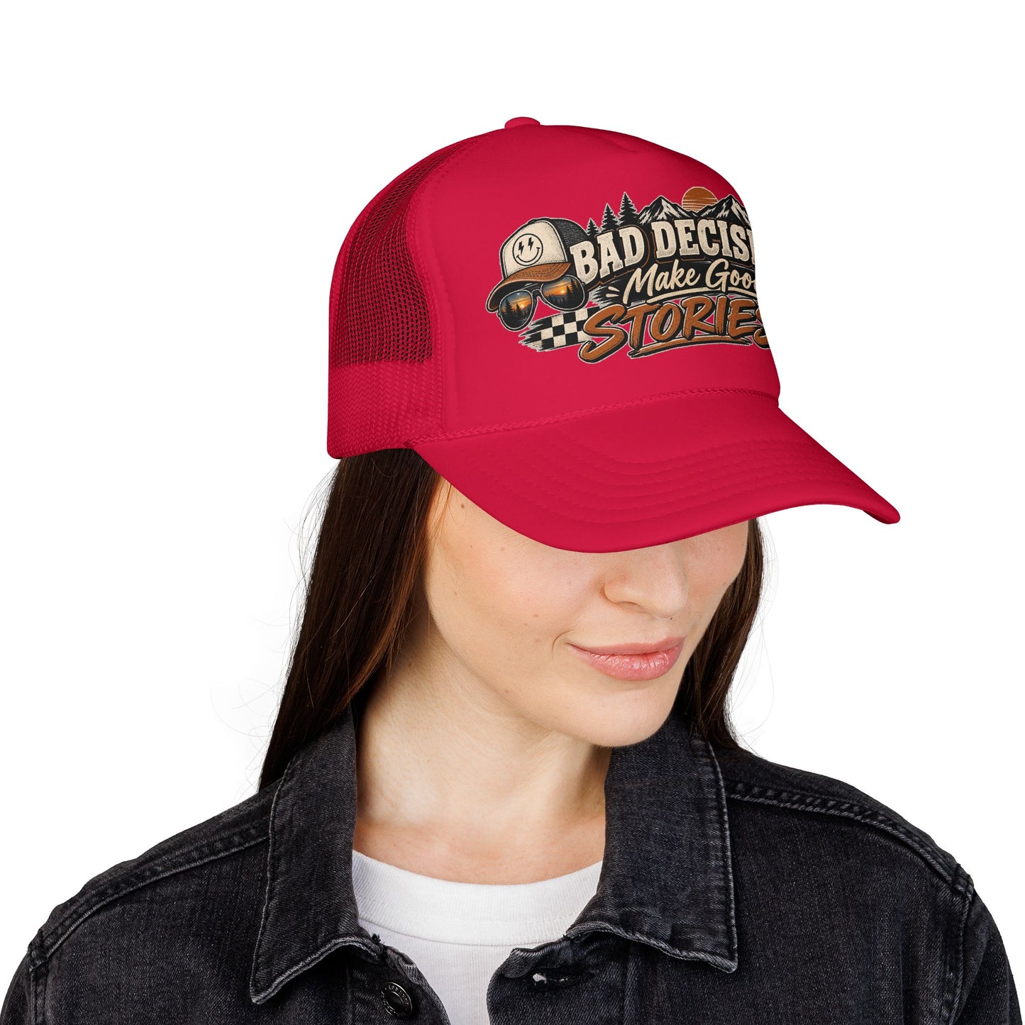 Trucker Hat — "Bad Decisions Make Good Stories" Vintage Graphic