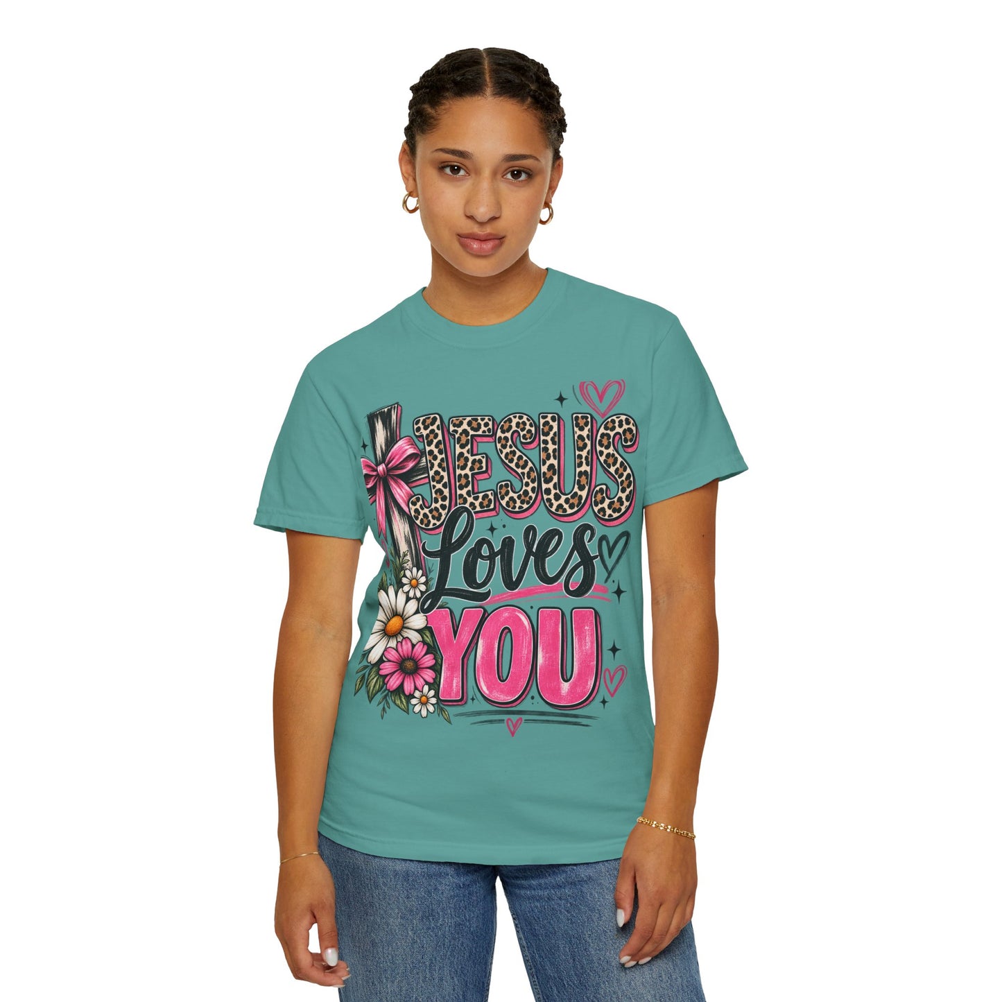 Jesus Loves You Floral Tee — Pink Leopard Faith T-Shirt