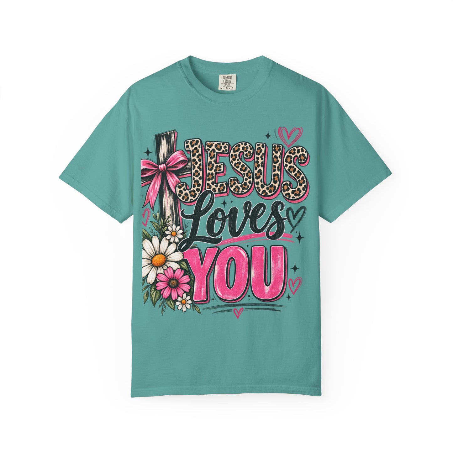 Jesus Loves You Floral Tee — Pink Leopard Faith T-Shirt