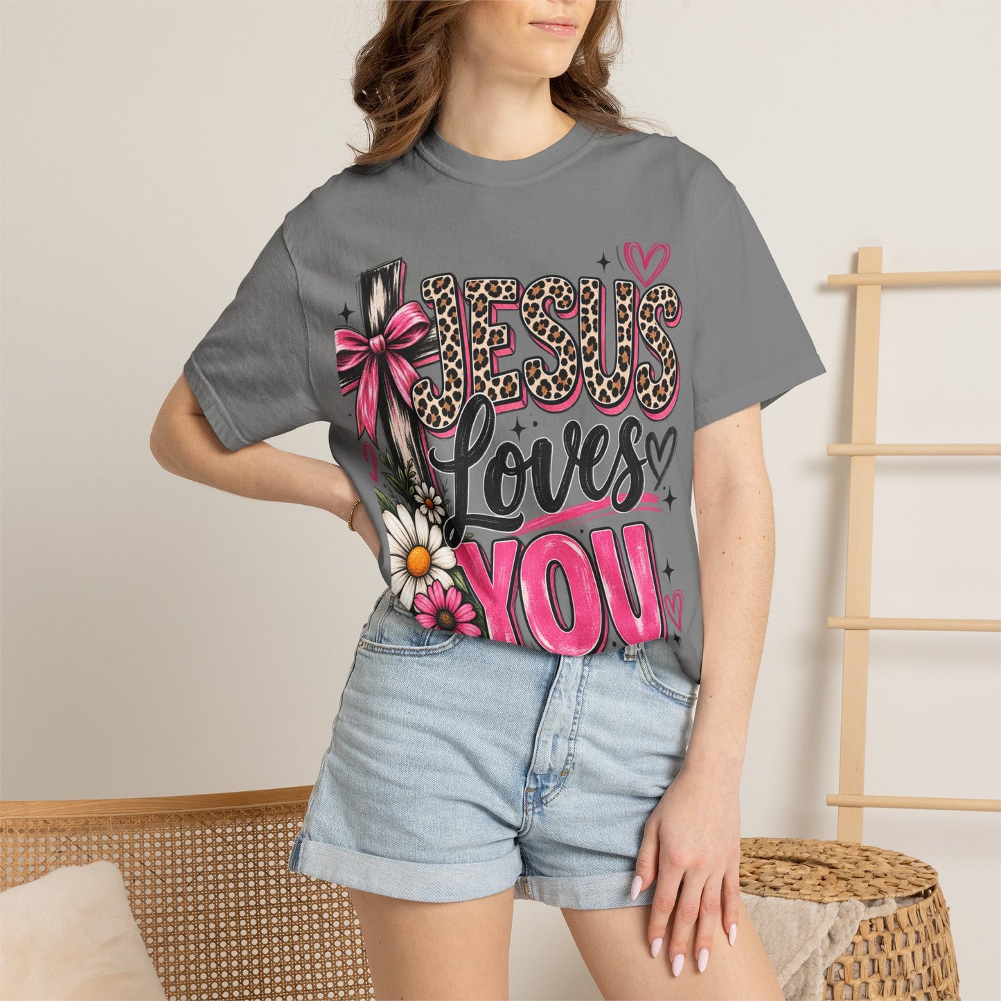 Jesus Loves You Floral Tee — Pink Leopard Faith T-Shirt