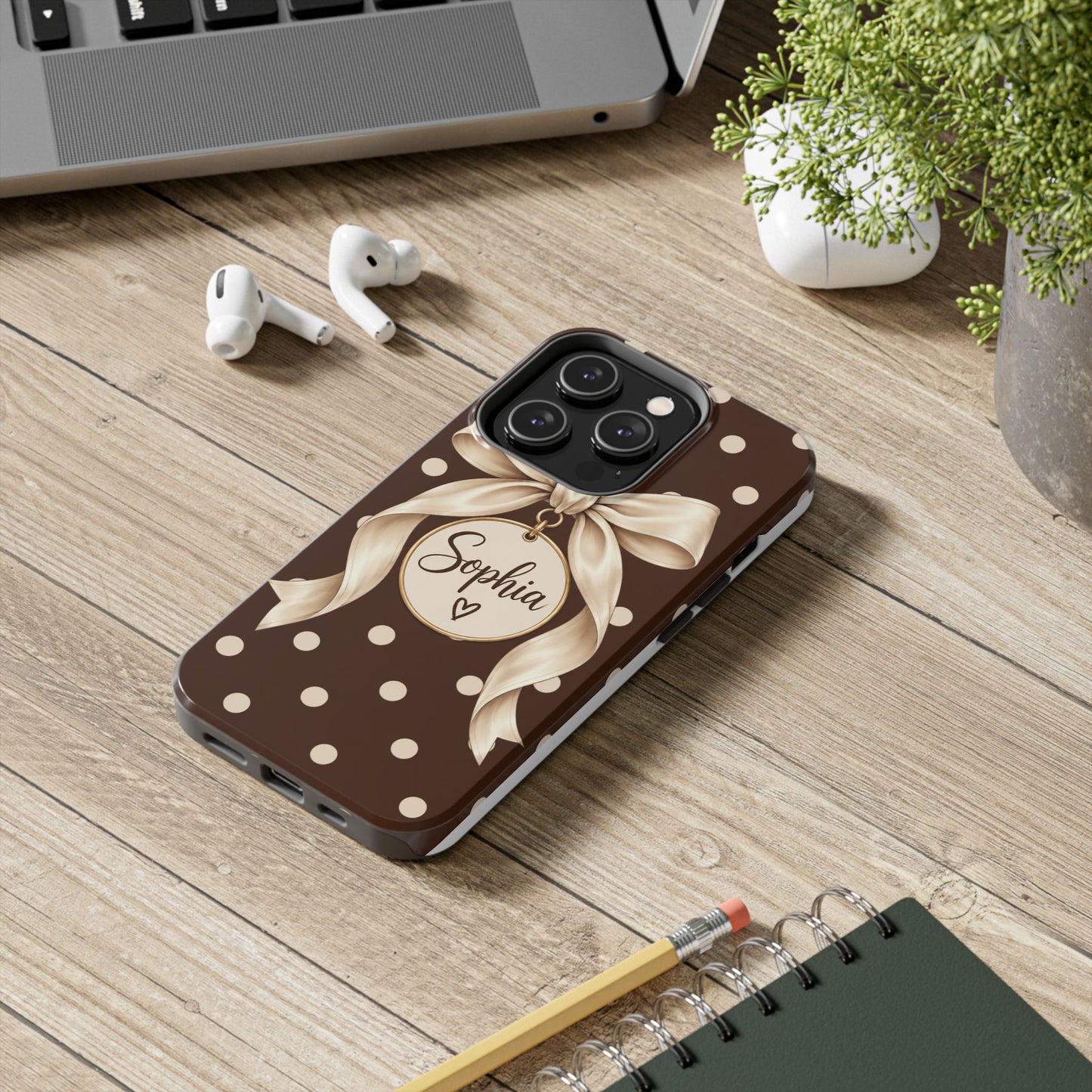 Personalized Polka Dot Bow Phone Case | Custom Name Chocolate Brown Tough Case