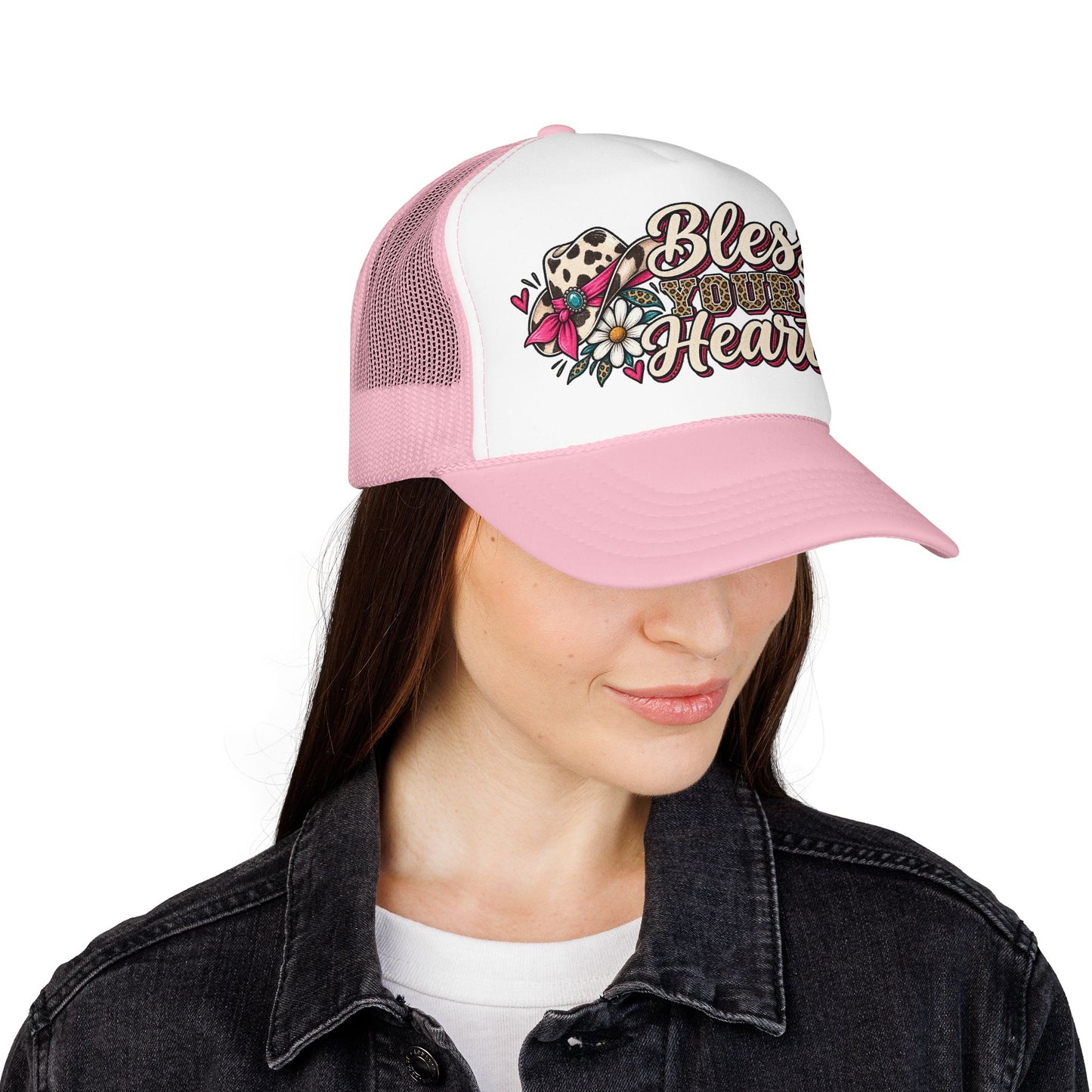 Bless Your Heart Trucker Hat – Floral Leopard Cowgirl Foam Cap