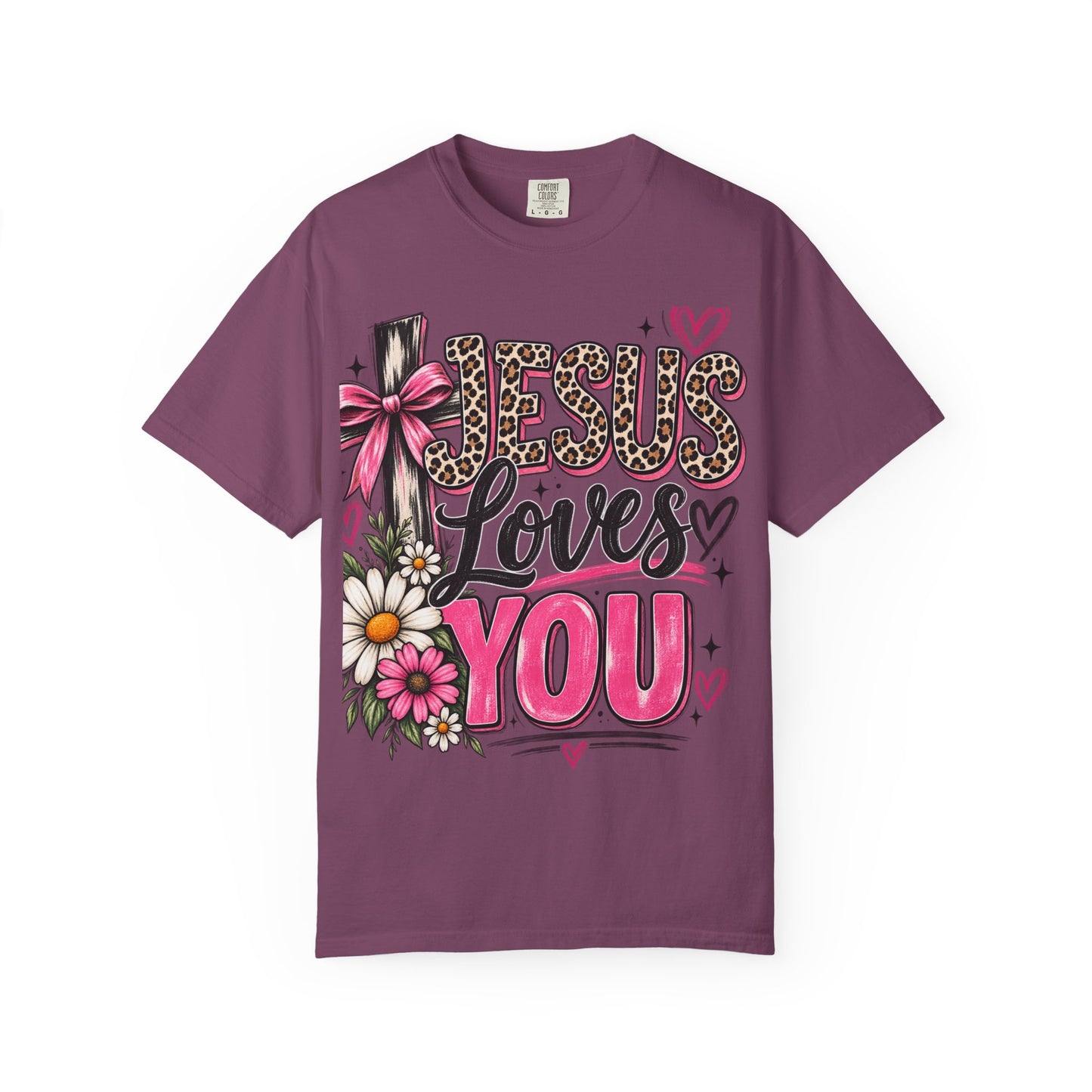 Jesus Loves You Floral Tee — Pink Leopard Faith T-Shirt