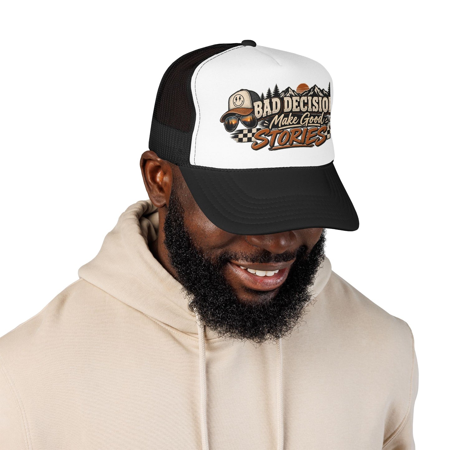 Trucker Hat — "Bad Decisions Make Good Stories" Vintage Graphic