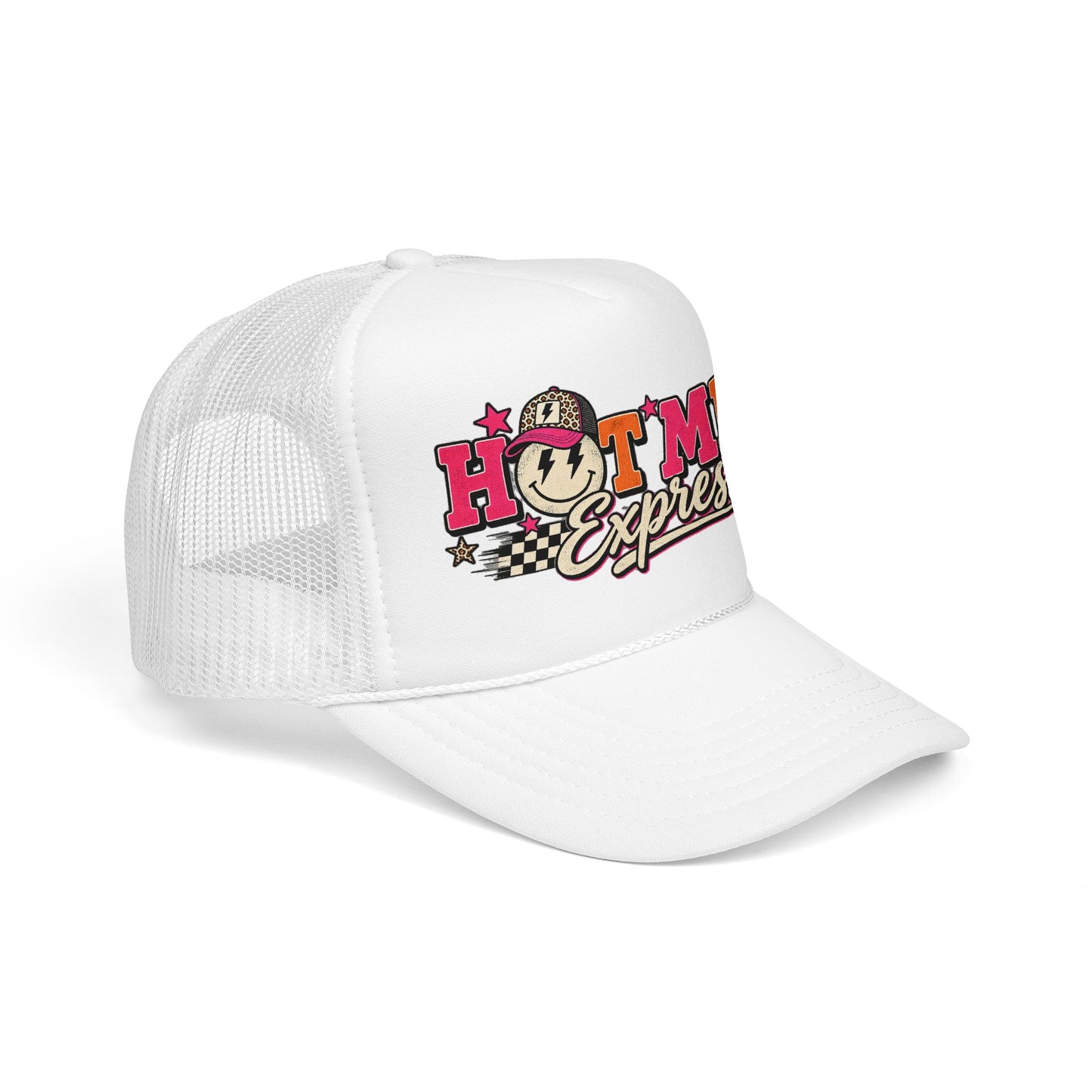 Hot Mess Express Trucker Hat — Retro Smiley Foam Mesh Cap
