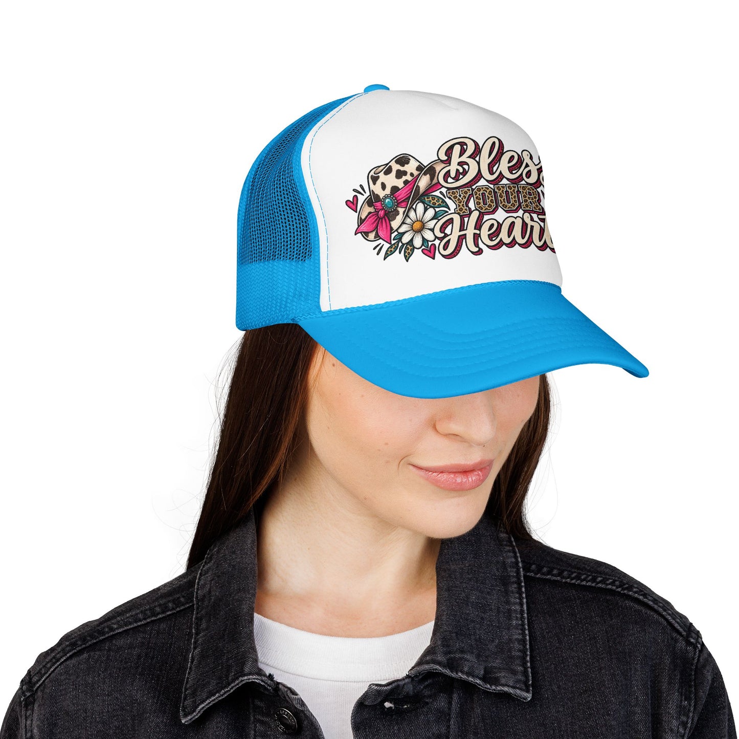 Bless Your Heart Trucker Hat – Floral Leopard Cowgirl Foam Cap