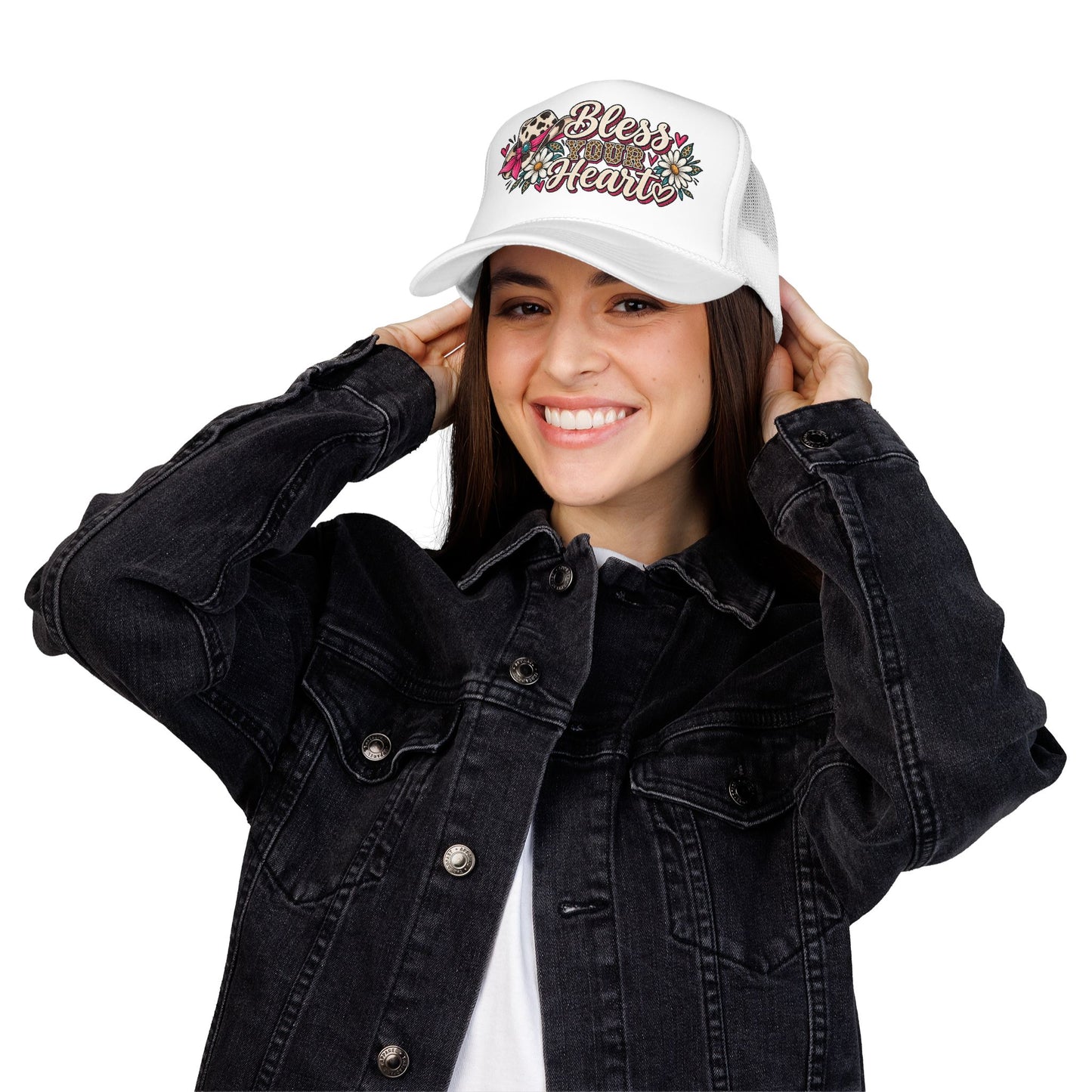 Bless Your Heart Trucker Hat – Floral Leopard Cowgirl Foam Cap