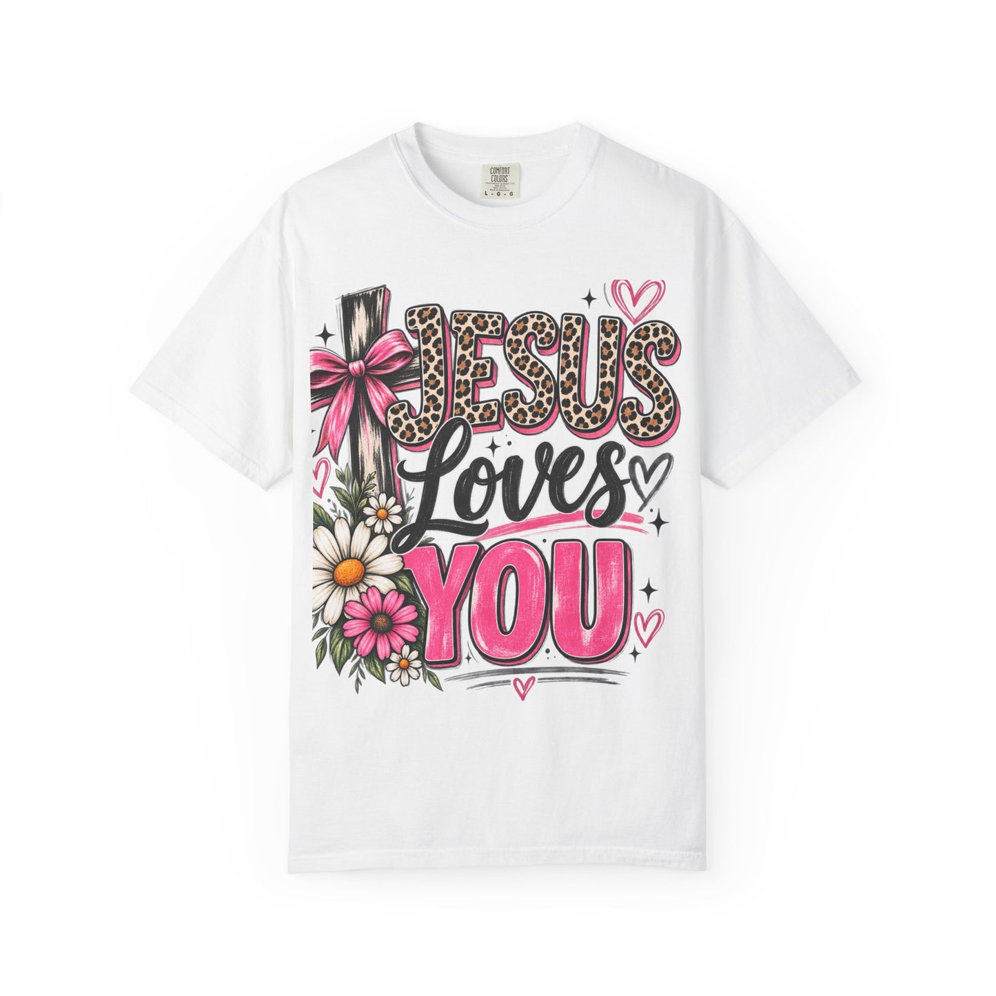Jesus Loves You Floral Tee — Pink Leopard Faith T-Shirt