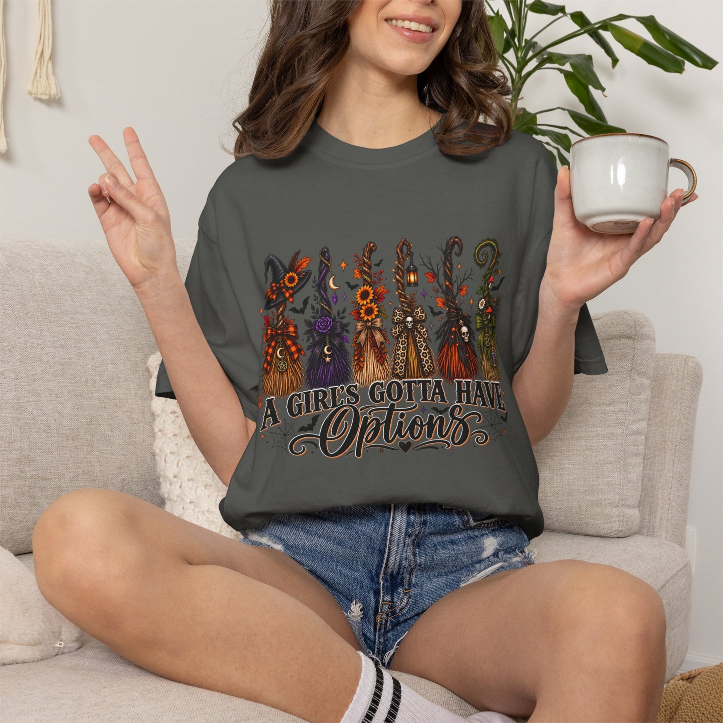 A Girl’s Gotta Have Options Witch Broom Graphic Tee – Halloween Shirt