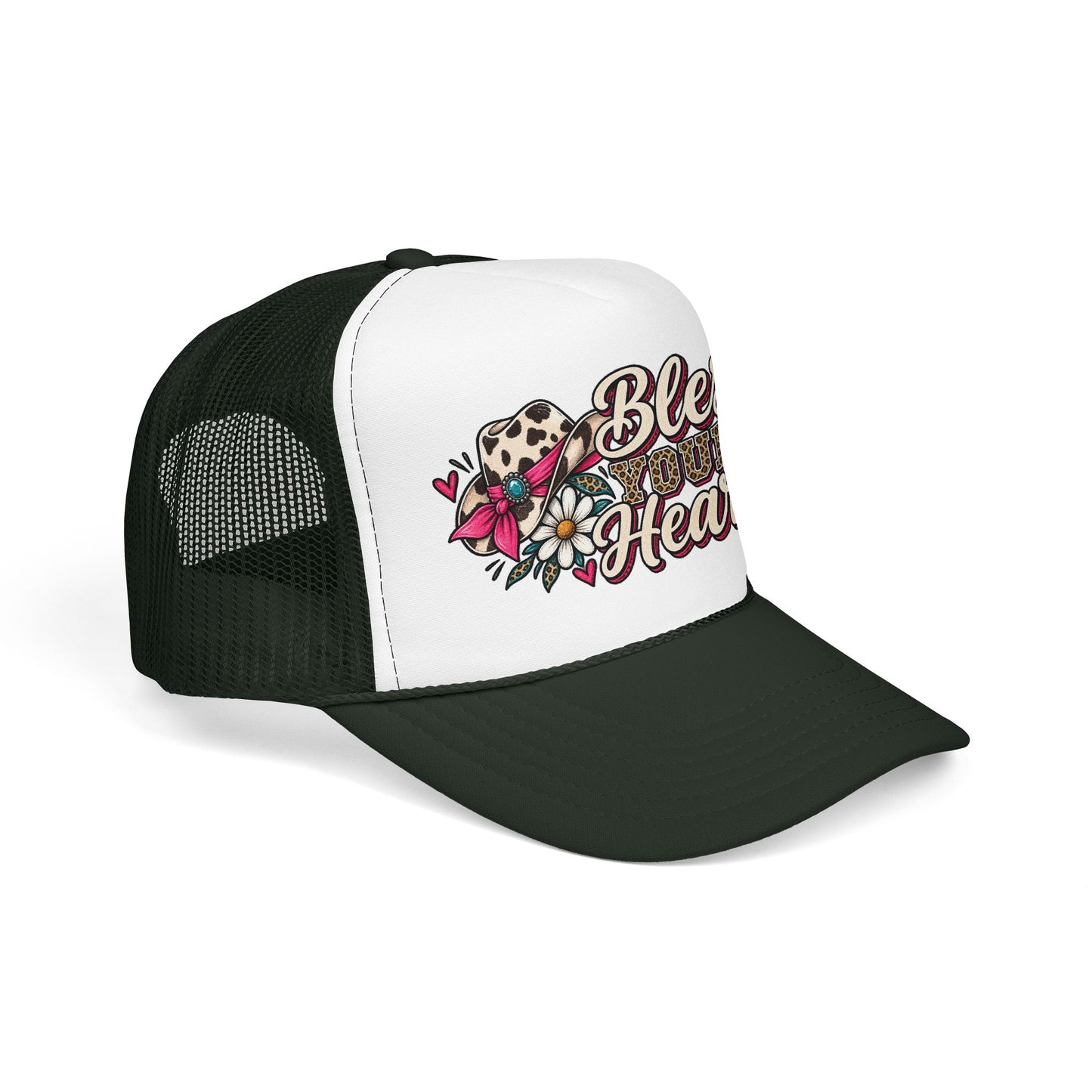 Bless Your Heart Trucker Hat – Floral Leopard Cowgirl Foam Cap