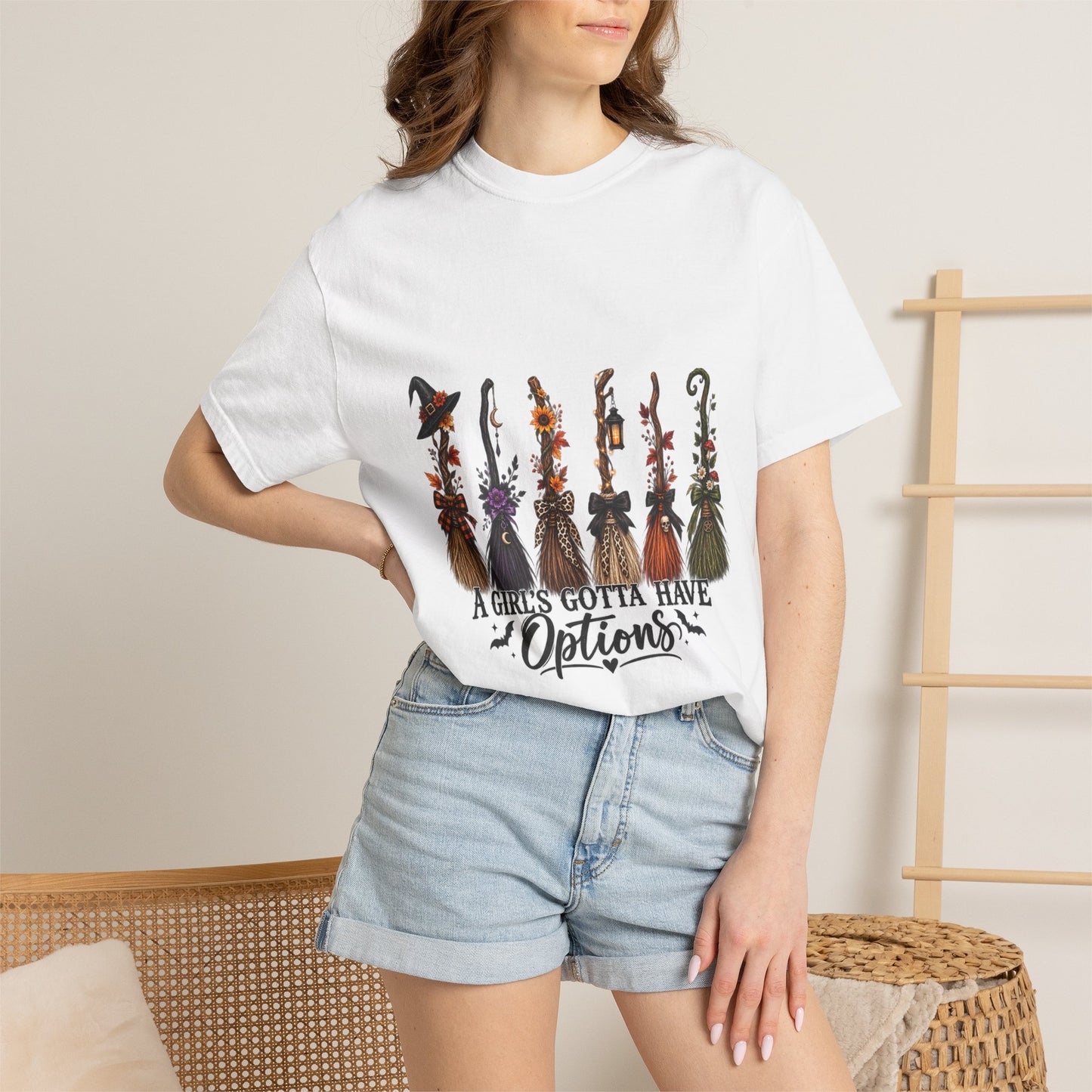 Witch Brooms Halloween T-Shirt — "A Girl's Gotta Have Options"