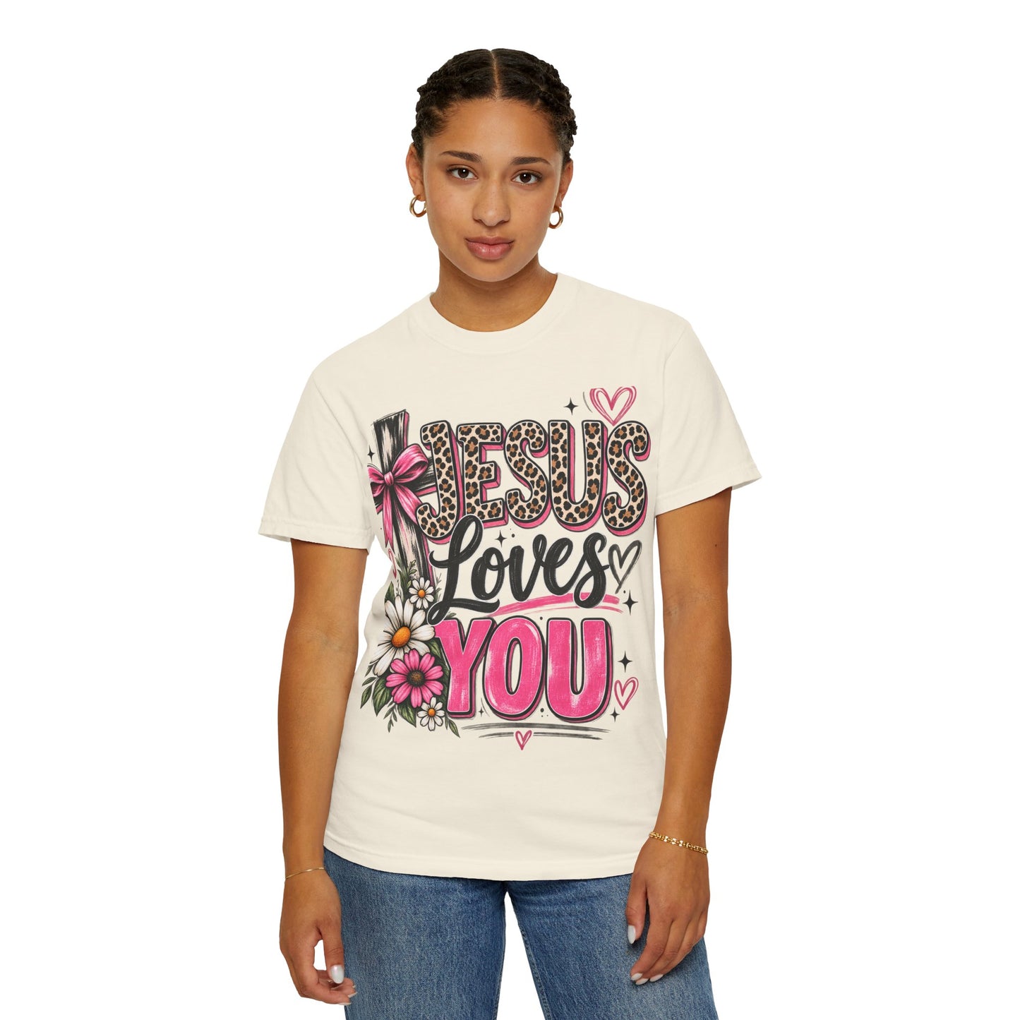 Jesus Loves You Floral Tee — Pink Leopard Faith T-Shirt