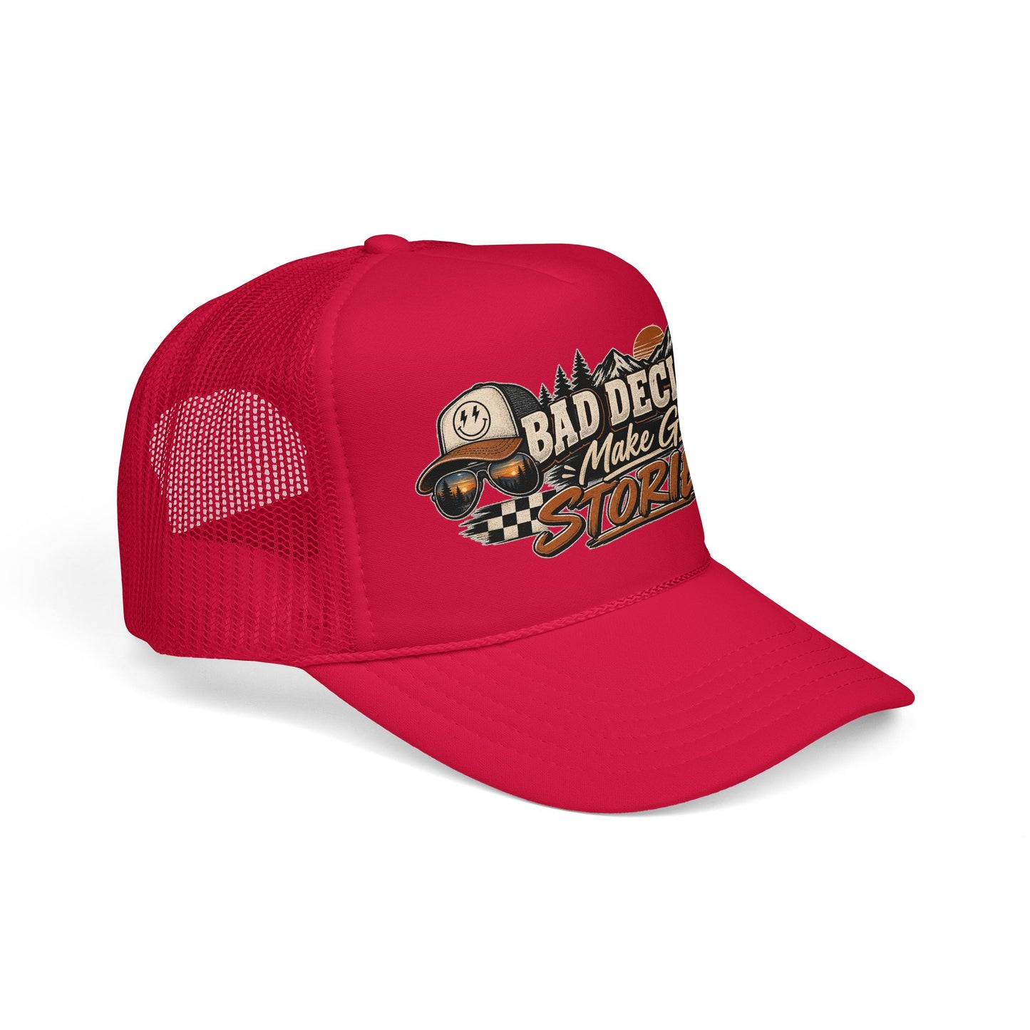 Trucker Hat — "Bad Decisions Make Good Stories" Vintage Graphic