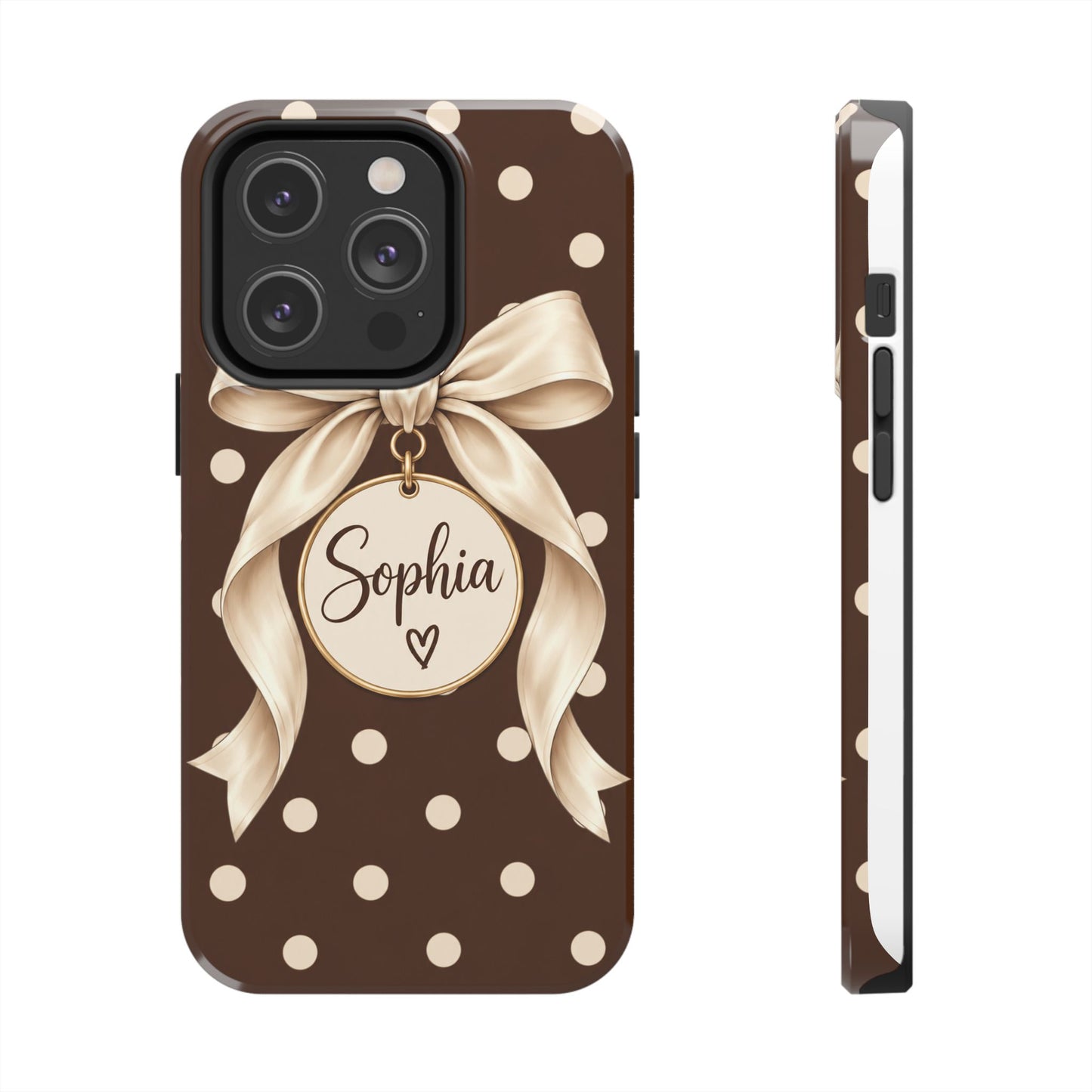 Personalized Polka Dot Bow Phone Case | Custom Name Chocolate Brown Tough Case