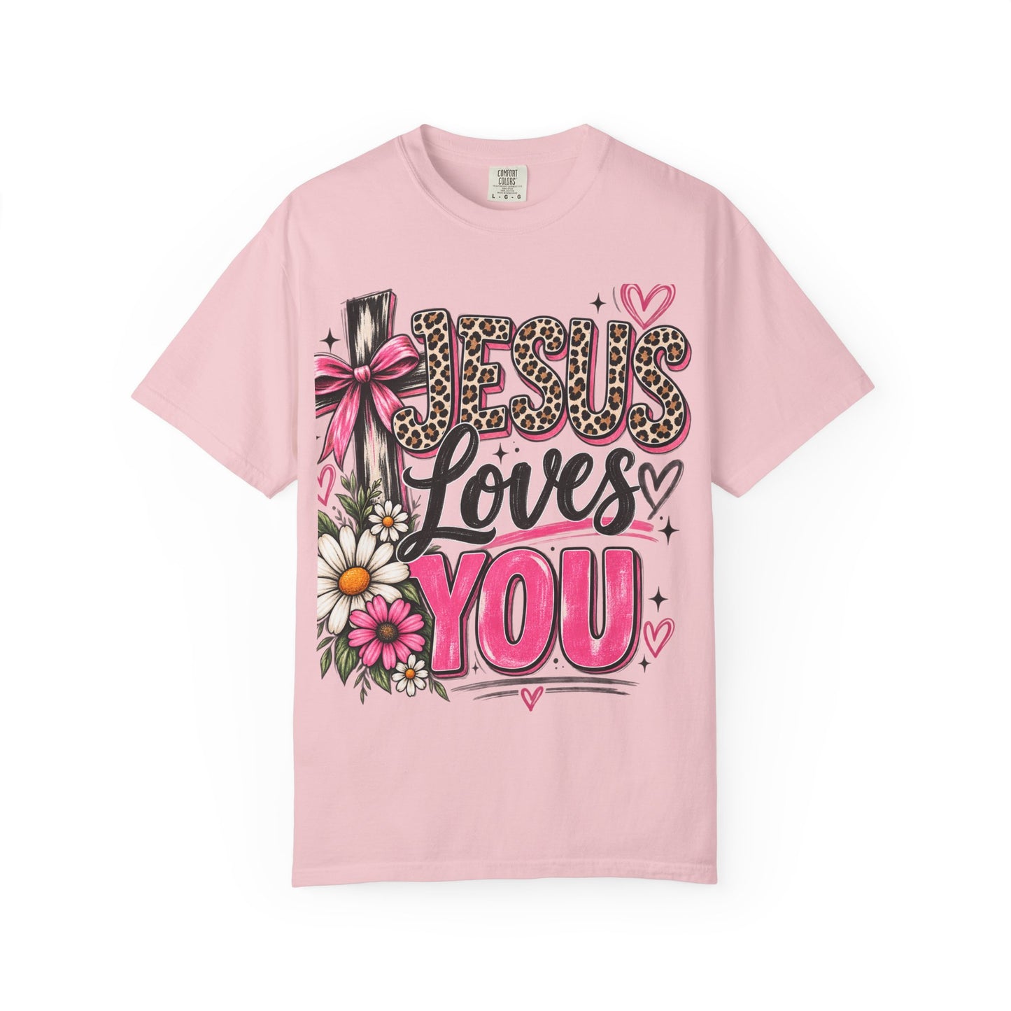 Jesus Loves You Floral Tee — Pink Leopard Faith T-Shirt