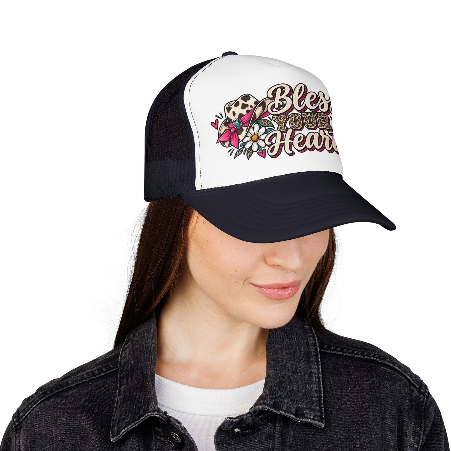 Bless Your Heart Trucker Hat – Floral Leopard Cowgirl Foam Cap