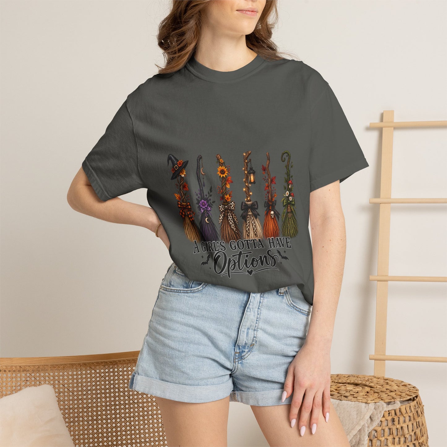 Witch Brooms Halloween T-Shirt — "A Girl's Gotta Have Options"