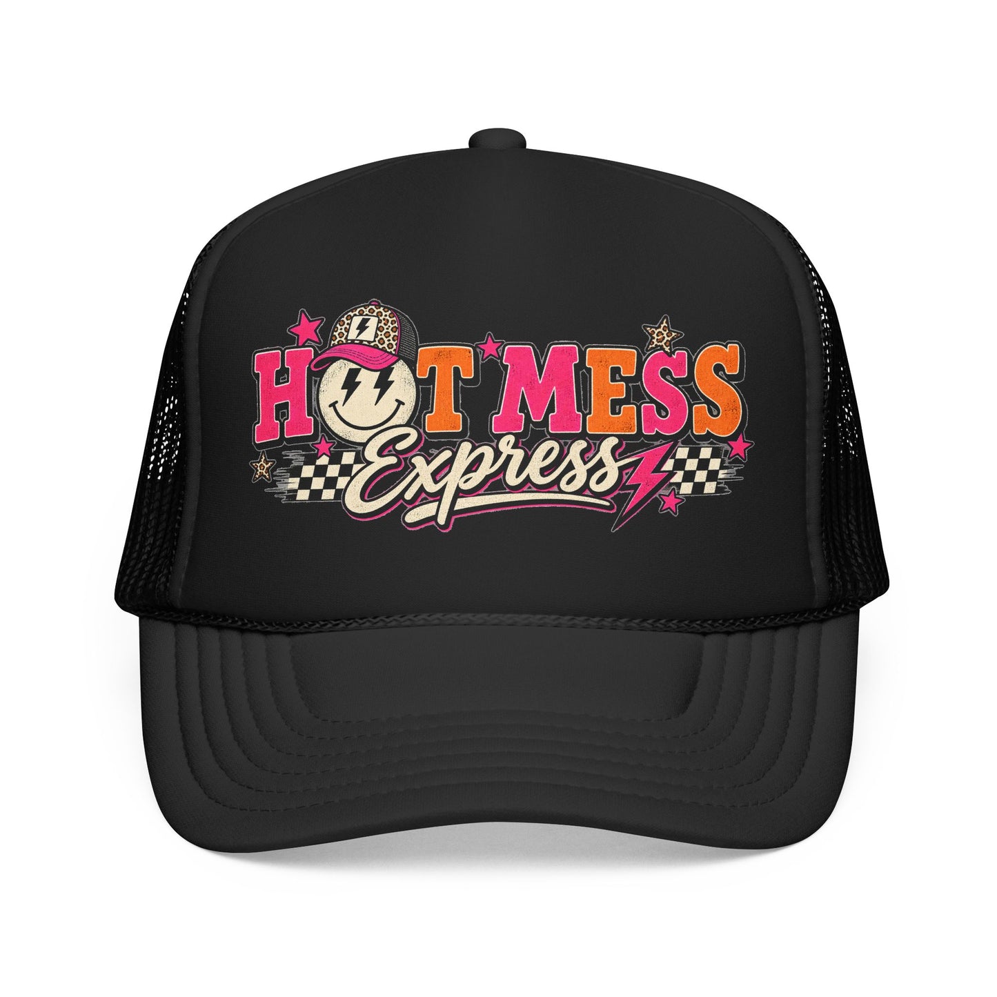 Hot Mess Express Trucker Hat — Retro Smiley Foam Mesh Cap