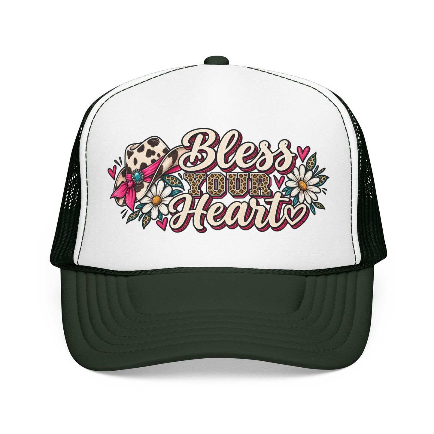 Bless Your Heart Trucker Hat – Floral Leopard Cowgirl Foam Cap