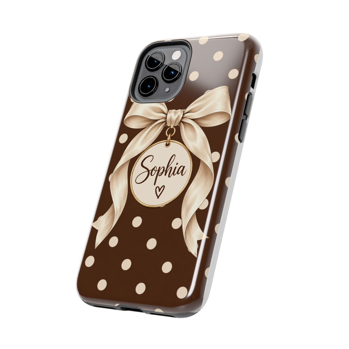 Personalized Polka Dot Bow Phone Case | Custom Name Chocolate Brown Tough Case