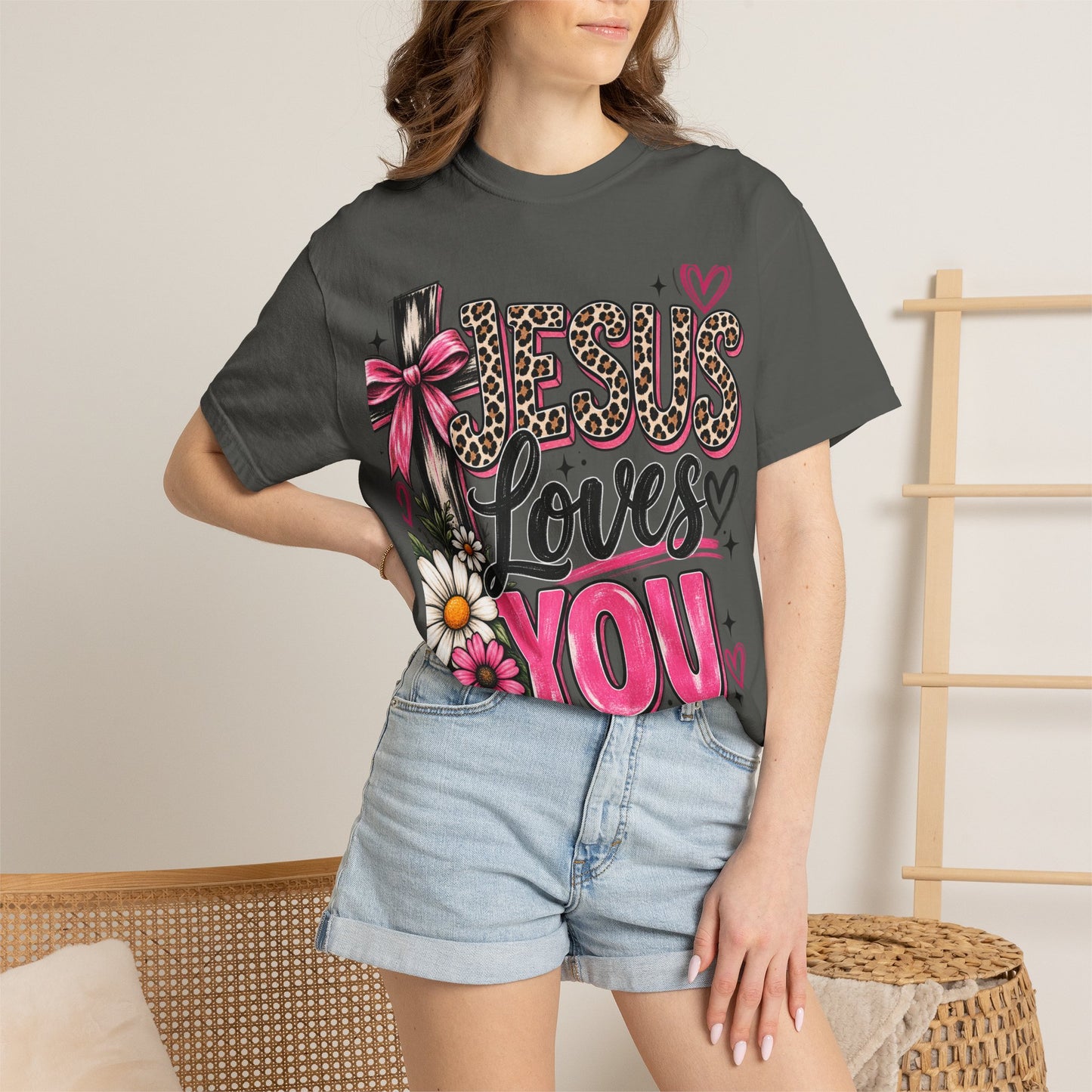 Jesus Loves You Floral Tee — Pink Leopard Faith T-Shirt