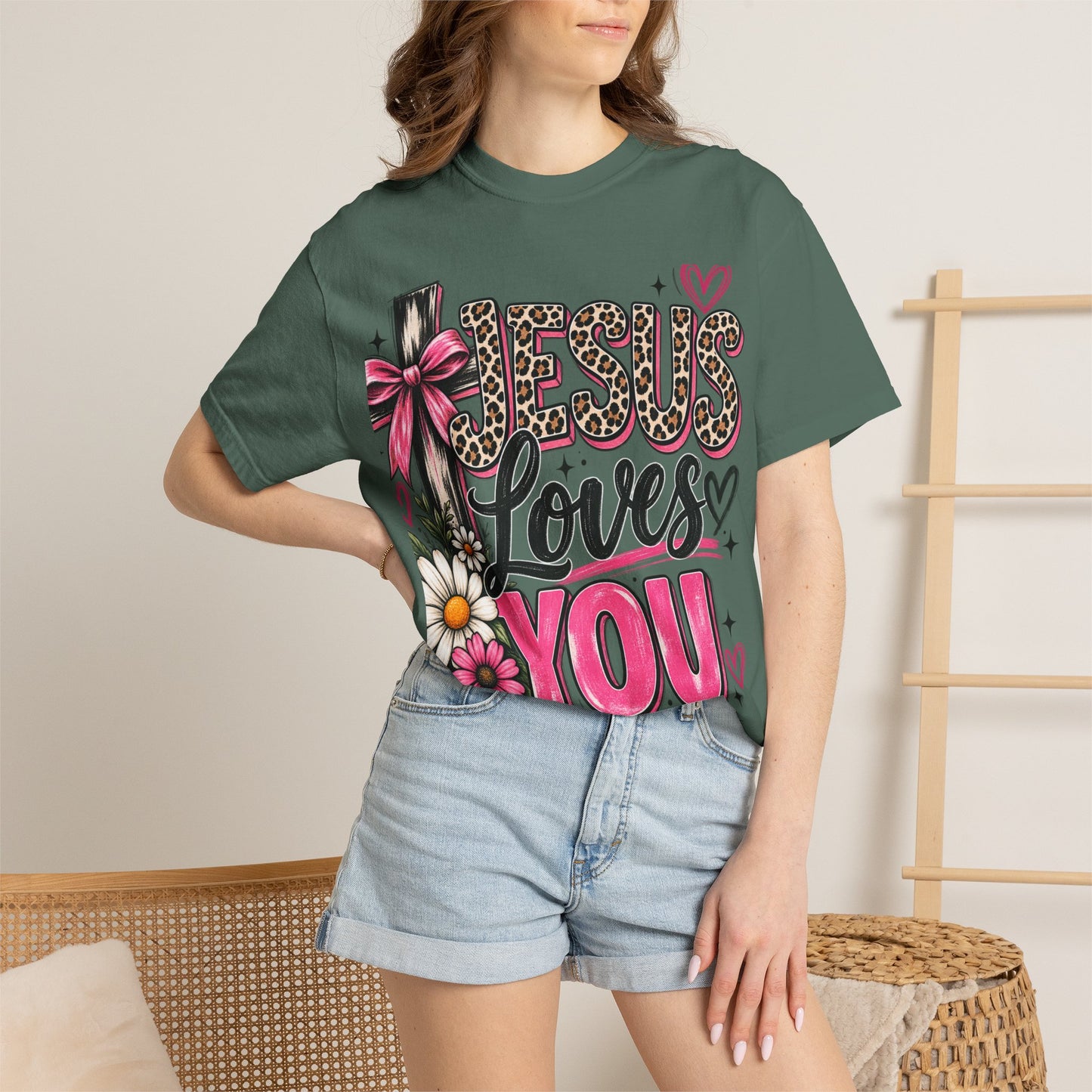 Jesus Loves You Floral Tee — Pink Leopard Faith T-Shirt