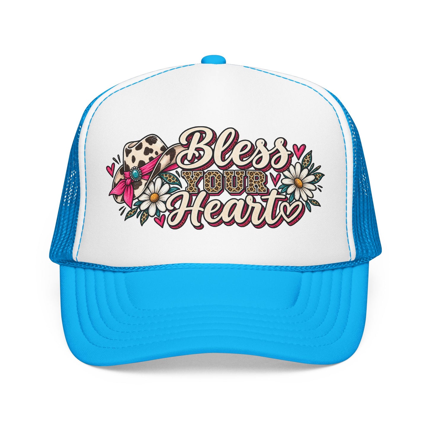 Bless Your Heart Trucker Hat – Floral Leopard Cowgirl Foam Cap