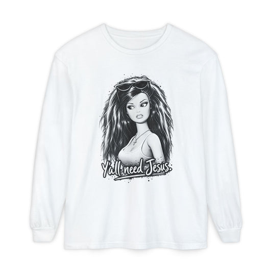 Long Sleeve T-Shirt — 'Y'all Need Jesus' Retro Pin-Up Graphic