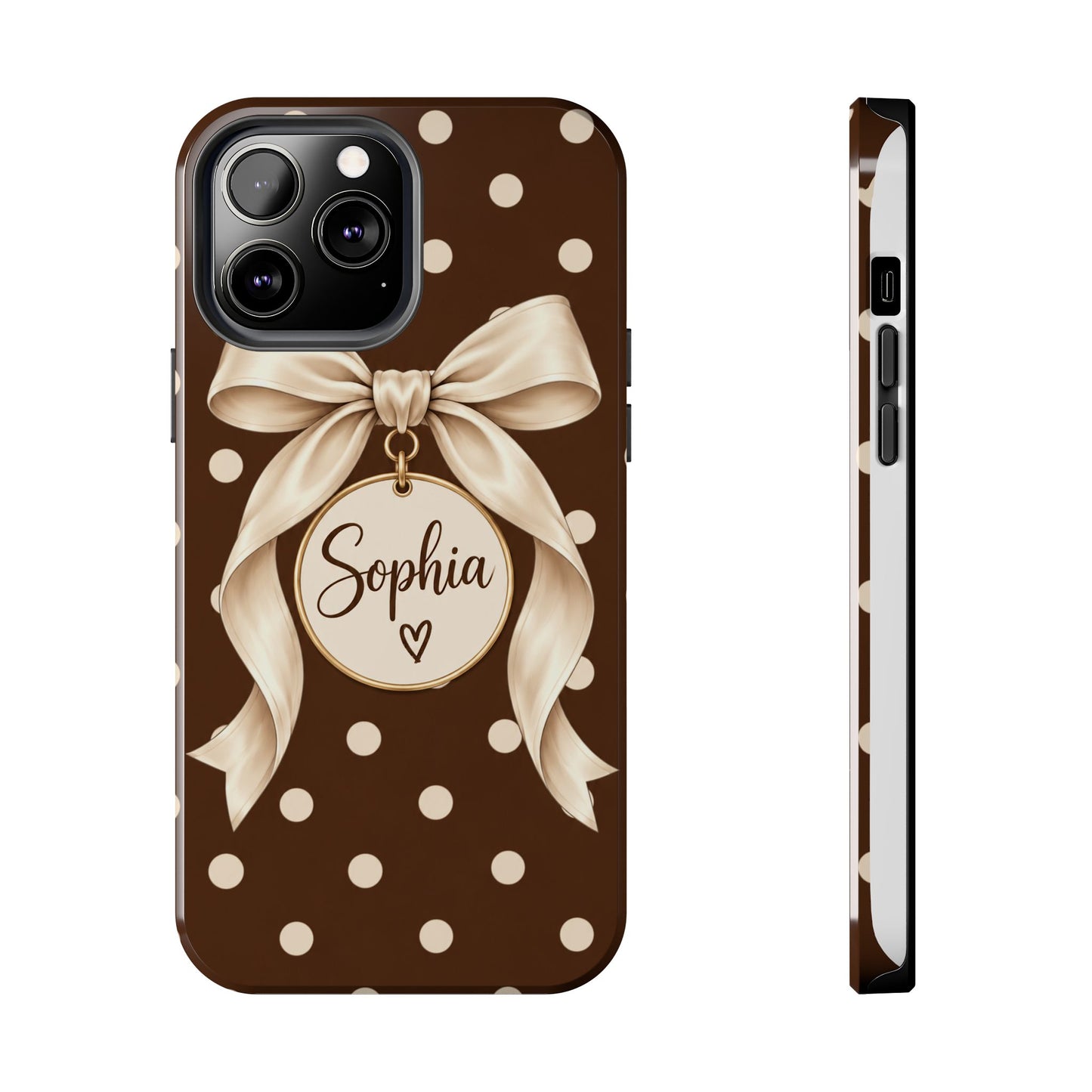 Personalized Polka Dot Bow Phone Case | Custom Name Chocolate Brown Tough Case