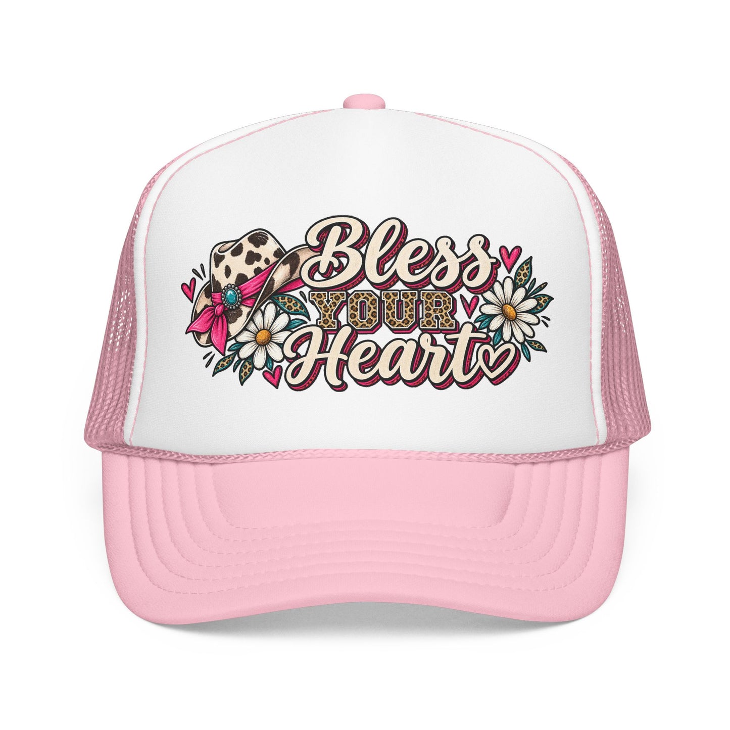 Bless Your Heart Trucker Hat – Floral Leopard Cowgirl Foam Cap