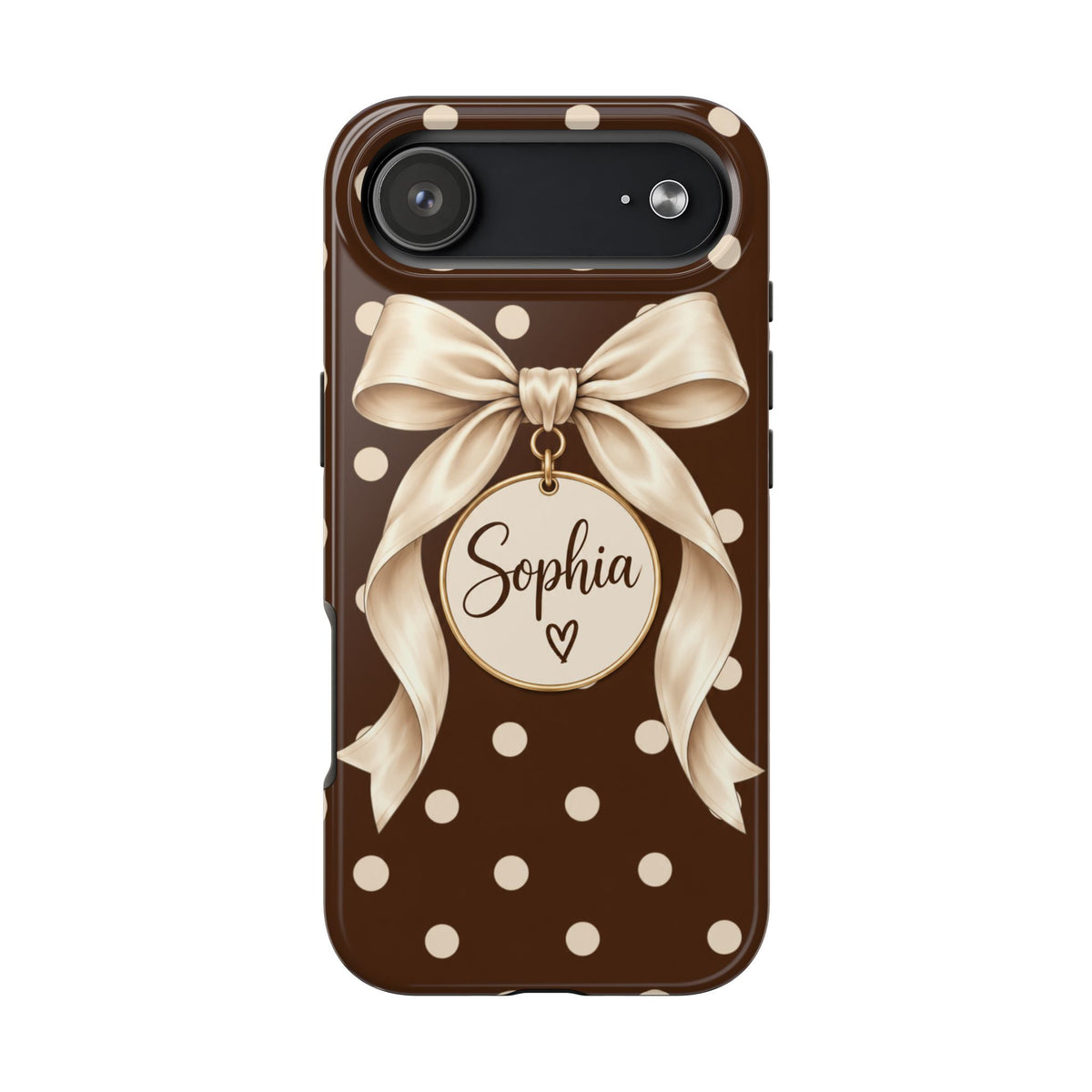 Personalized Polka Dot Bow Phone Case | Custom Name Chocolate Brown Tough Case