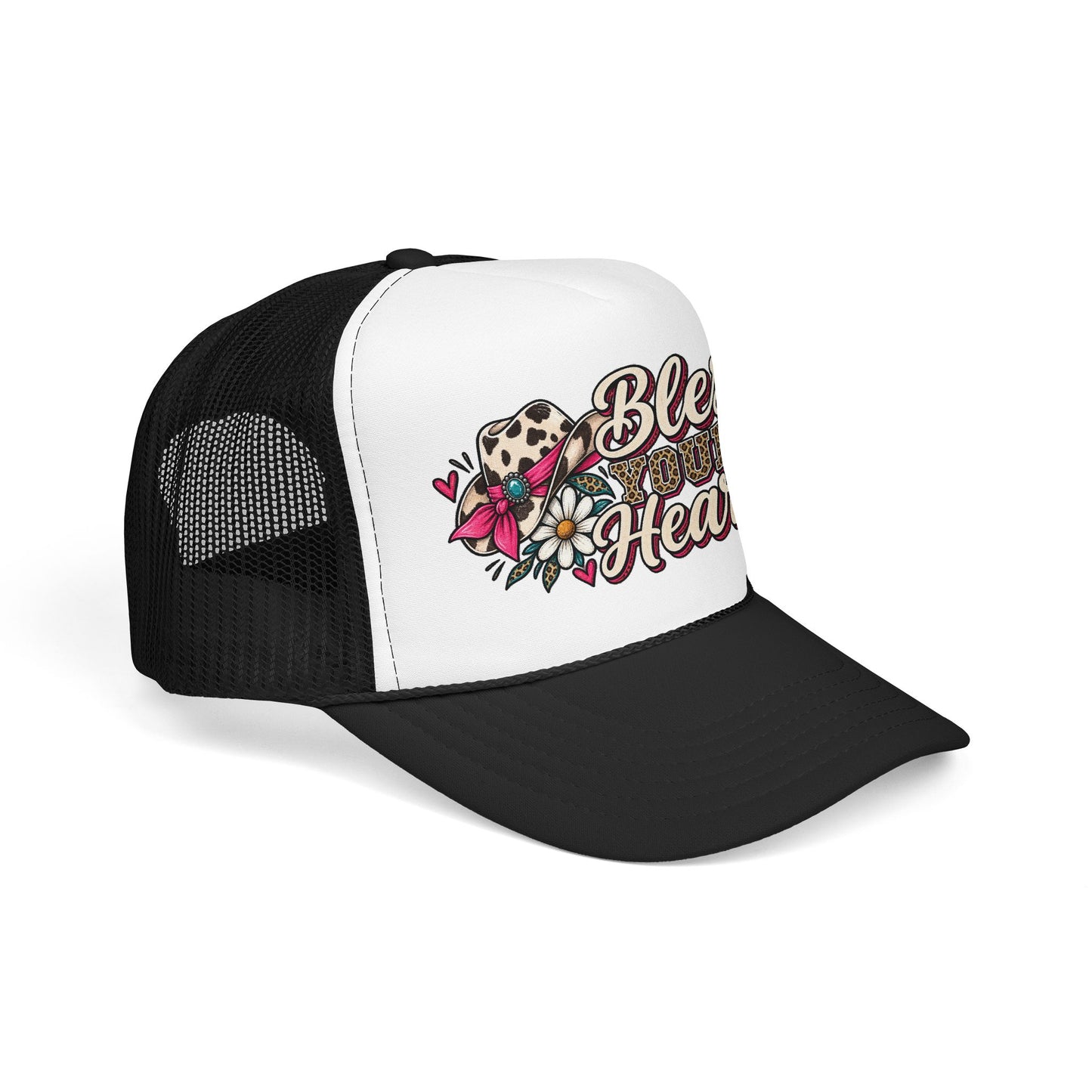Bless Your Heart Trucker Hat – Floral Leopard Cowgirl Foam Cap