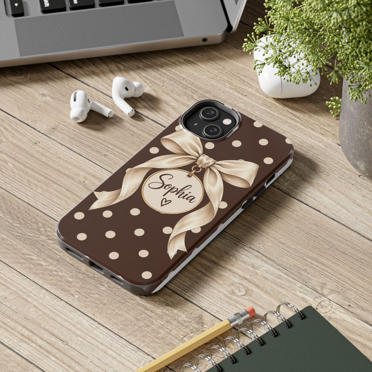 Personalized Polka Dot Bow Phone Case | Custom Name Chocolate Brown Tough Case
