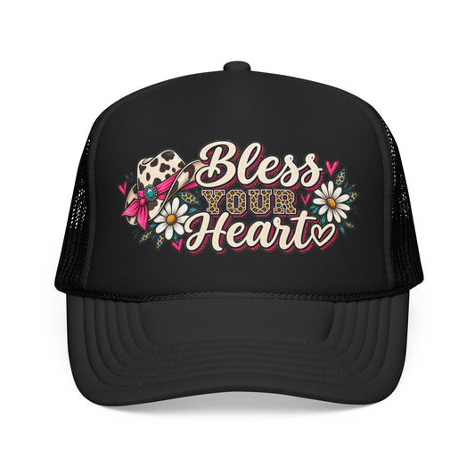 Bless Your Heart Trucker Hat – Floral Leopard Cowgirl Foam Cap