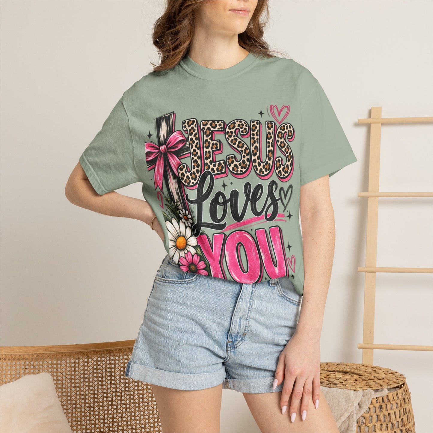 Jesus Loves You Floral Tee — Pink Leopard Faith T-Shirt