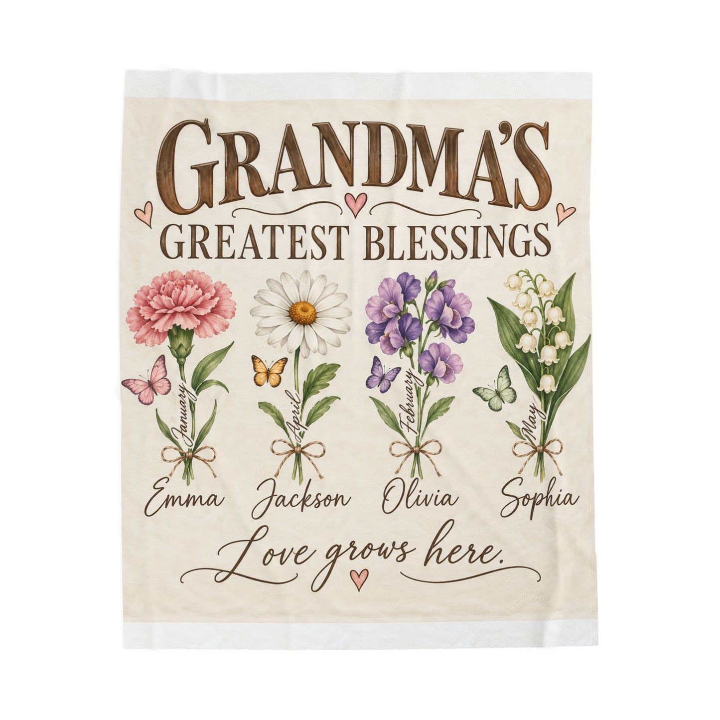 Personalized Grandma Birth Flower Blanket | Custom Grandkids Names & Birth Month Gift for Grandma