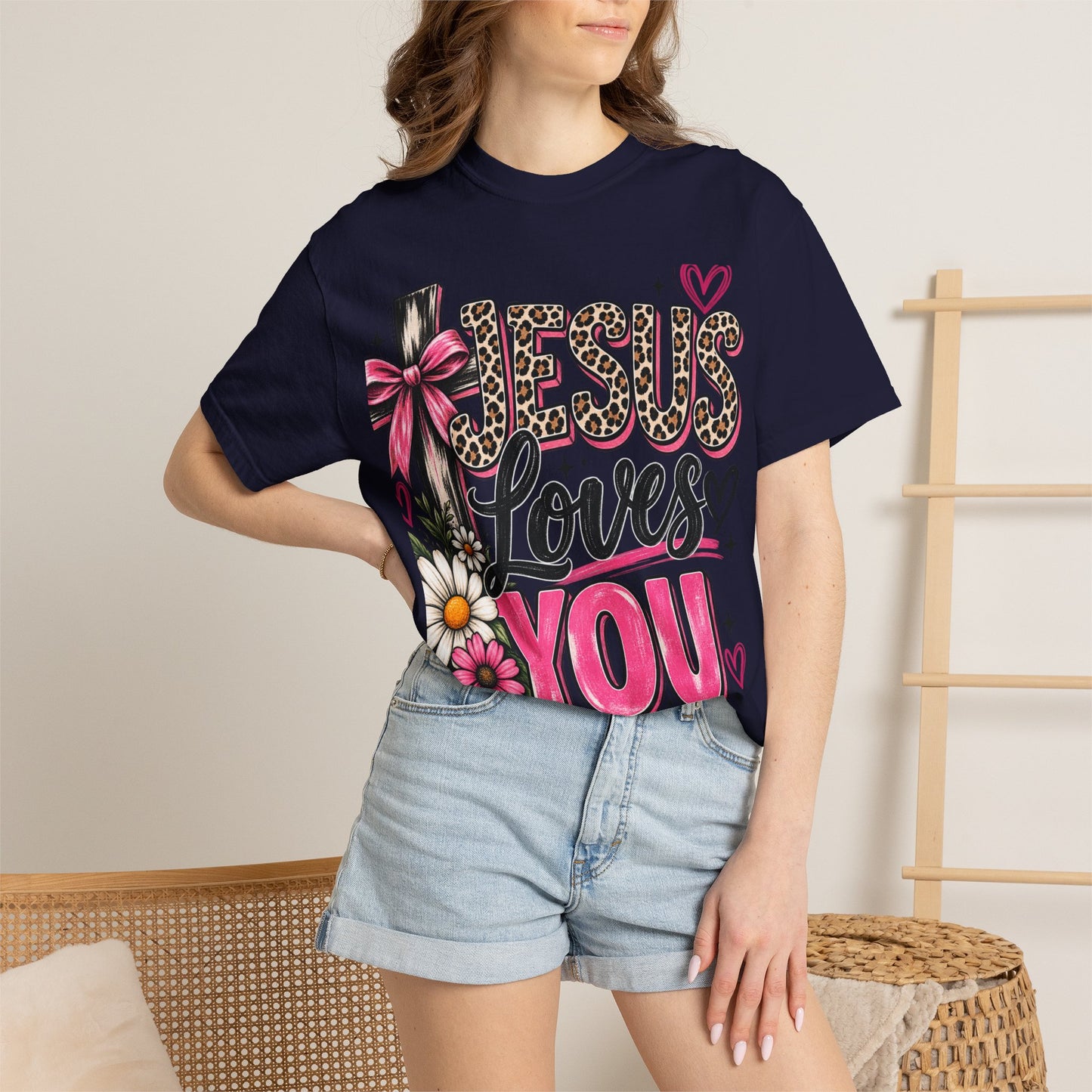 Jesus Loves You Floral Tee — Pink Leopard Faith T-Shirt
