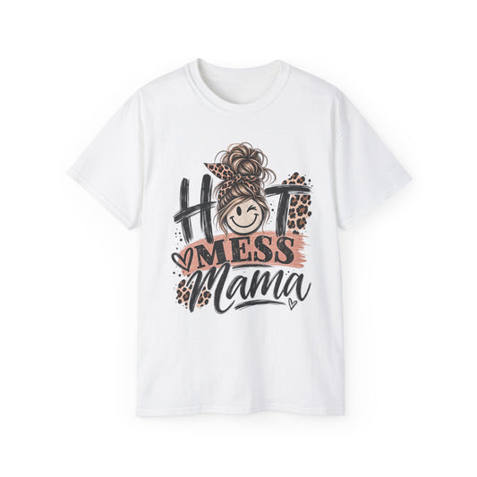 Hot Mess Mama T-Shirt – Funny Mom Graphic Tee (Leopard & Heart Accents)
