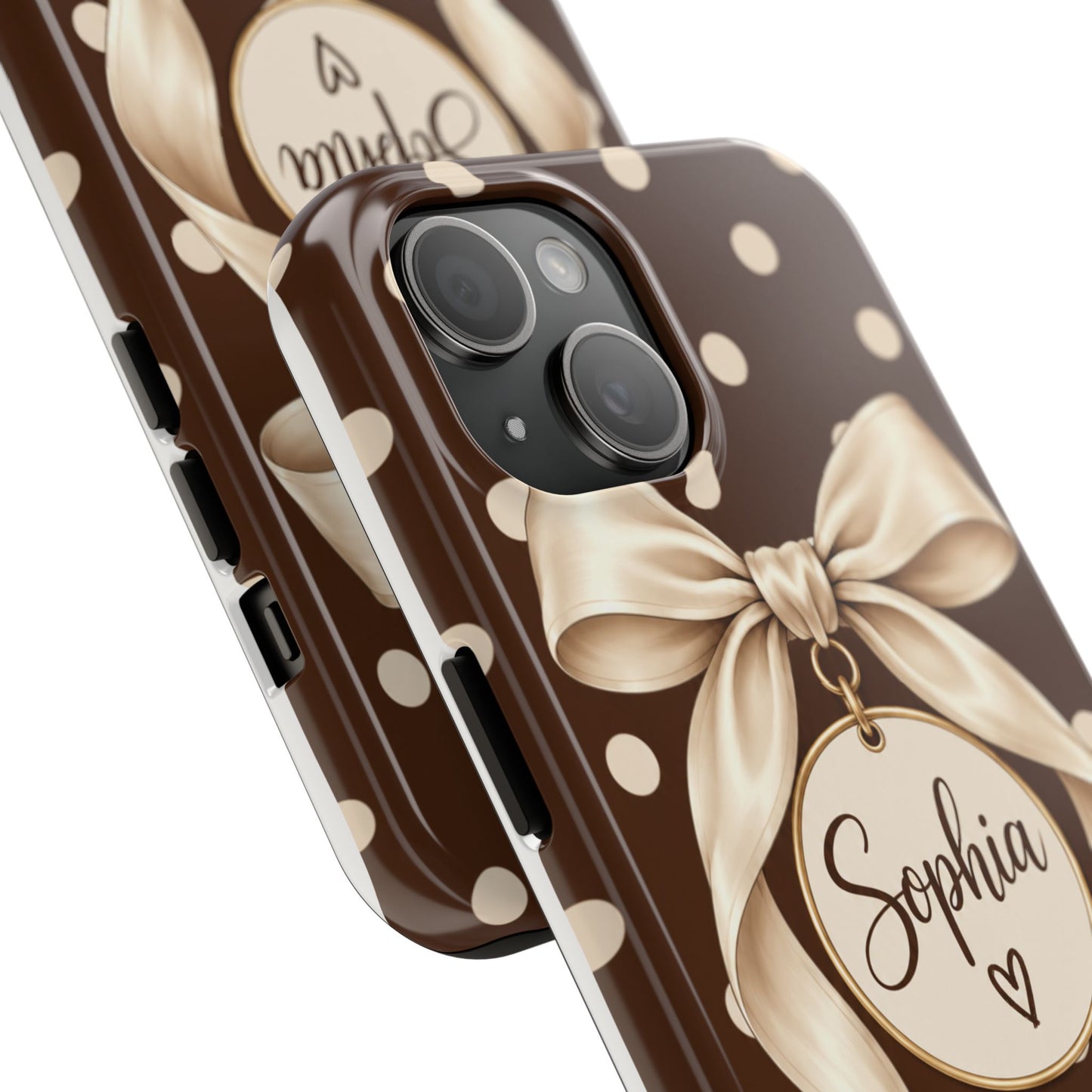 Personalized Polka Dot Bow Phone Case | Custom Name Chocolate Brown Tough Case