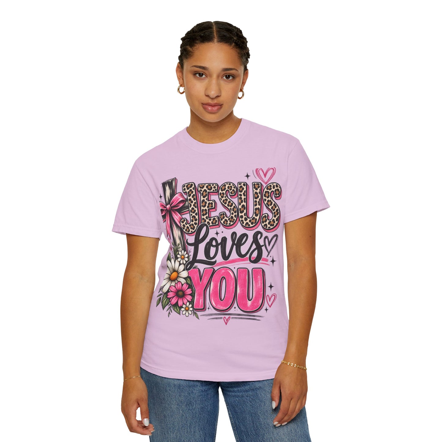 Jesus Loves You Floral Tee — Pink Leopard Faith T-Shirt