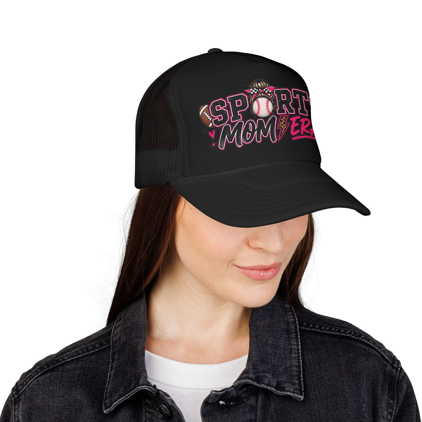 Sports Mom Era Trucker Hat — Pink Glitter Baseball Softball Soccer Mom Cap
