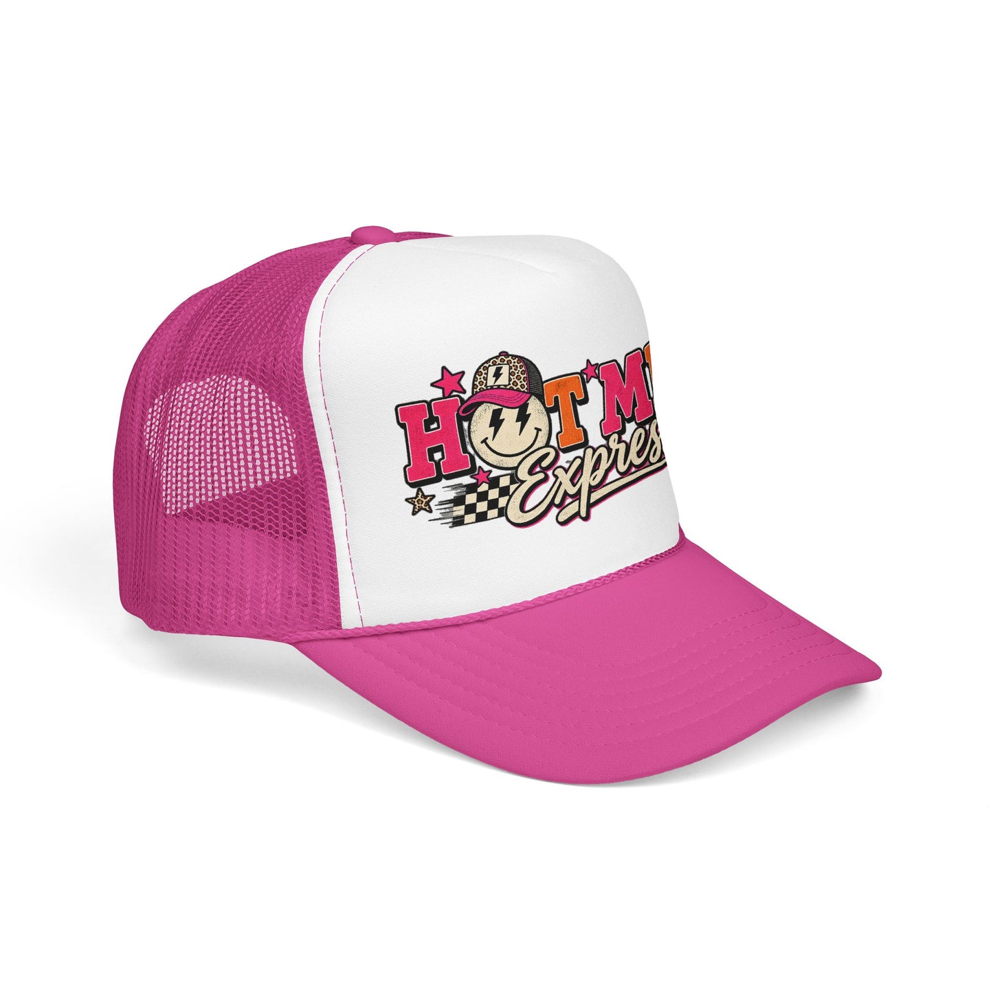 Hot Mess Express Trucker Hat — Retro Smiley Foam Mesh Cap