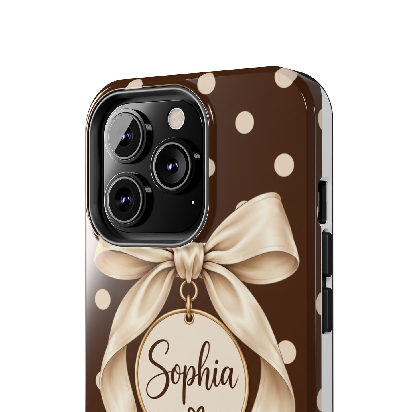 Personalized Polka Dot Bow Phone Case | Custom Name Chocolate Brown Tough Case